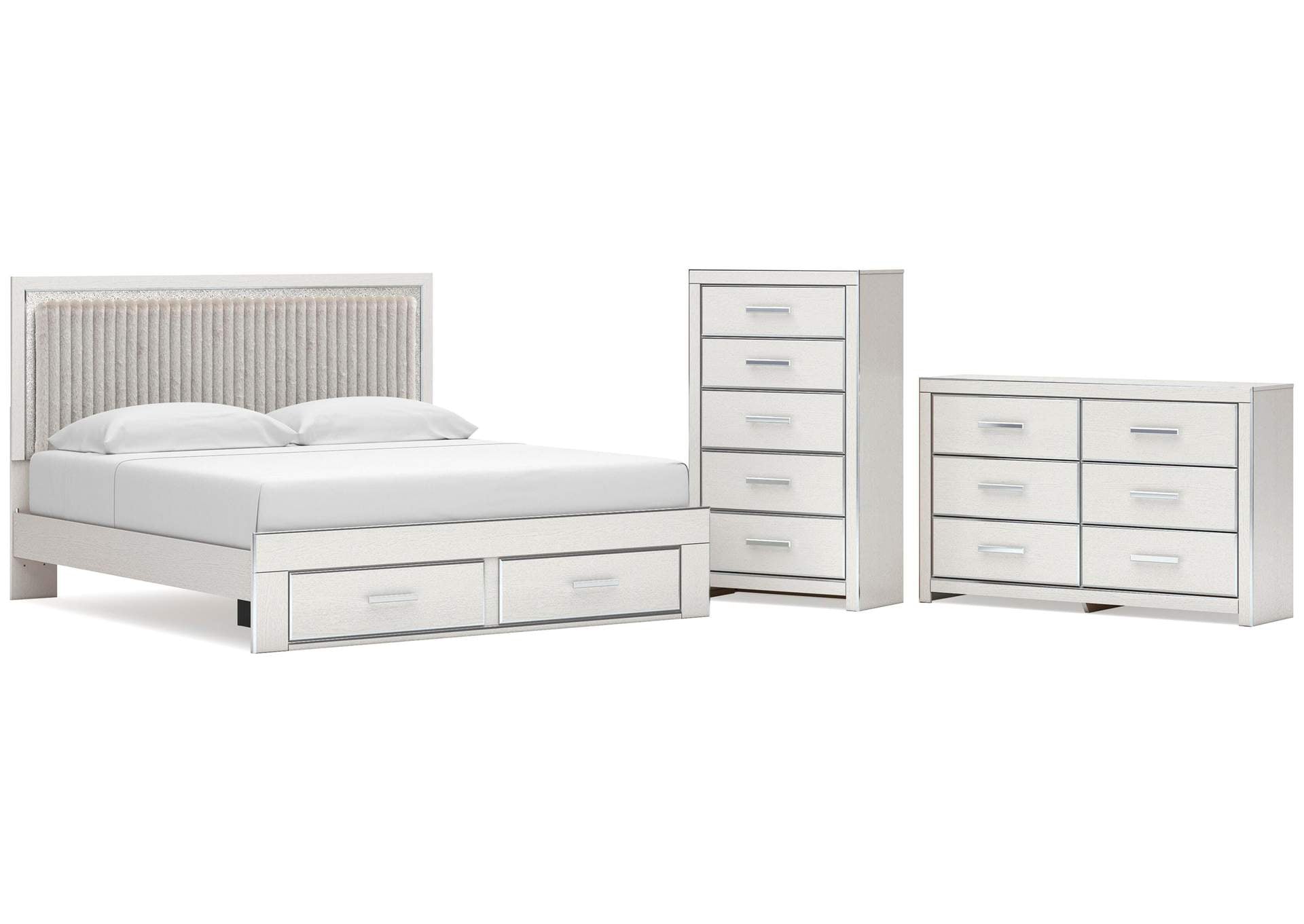 Birmonton King Upholstered Panel Platform Storage Bed, Dresser and Chest