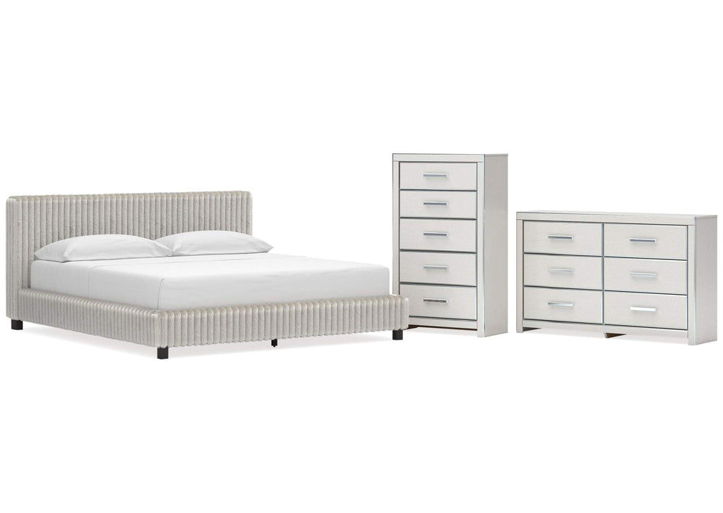 Birmonton California King Upholstered Bed, Dresser and Chest