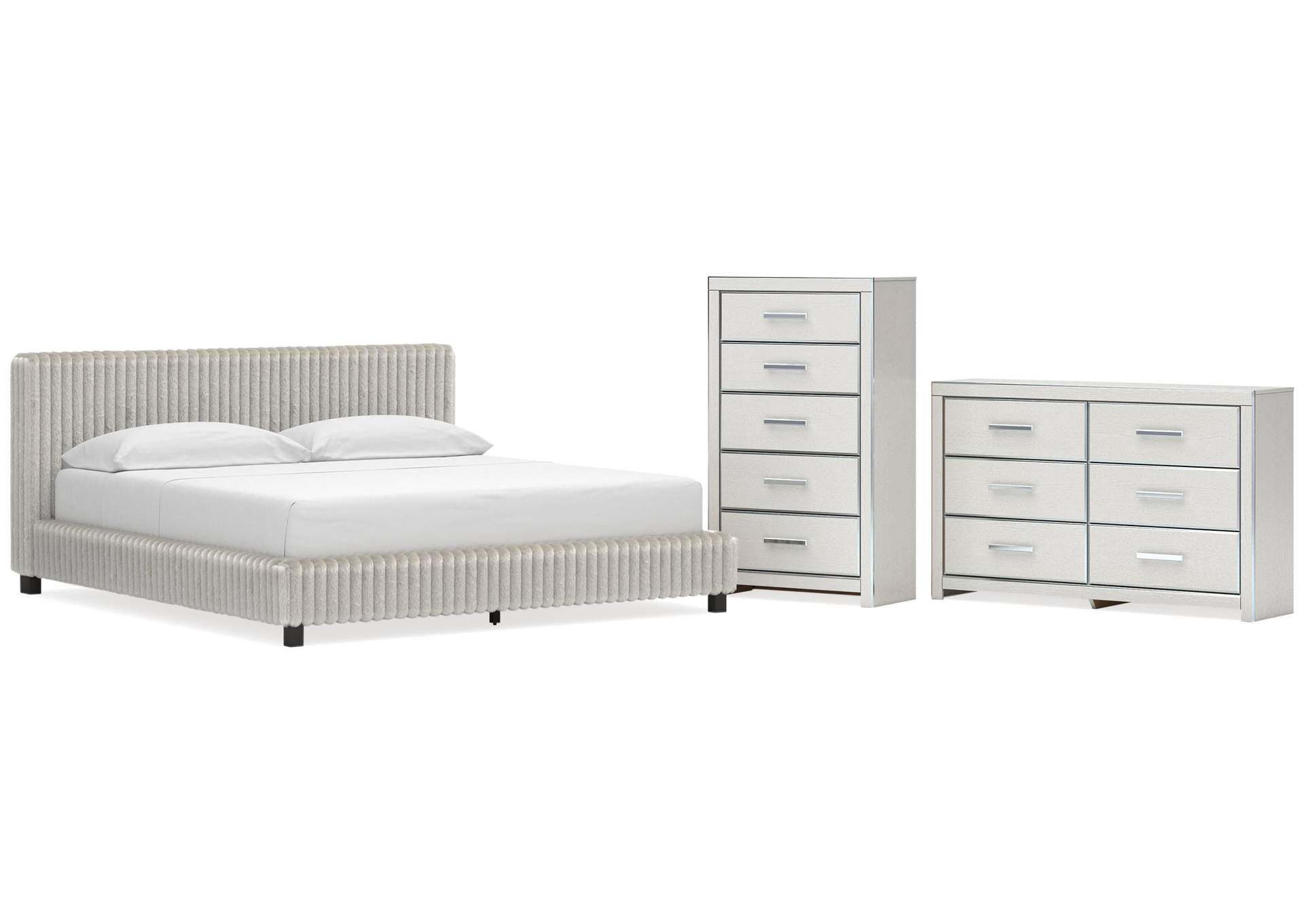 Birmonton California King Upholstered Bed, Dresser and Chest