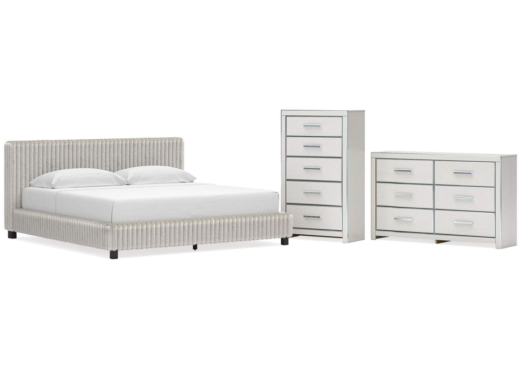 Birmonton King Upholstered Bed, Dresser and Chest