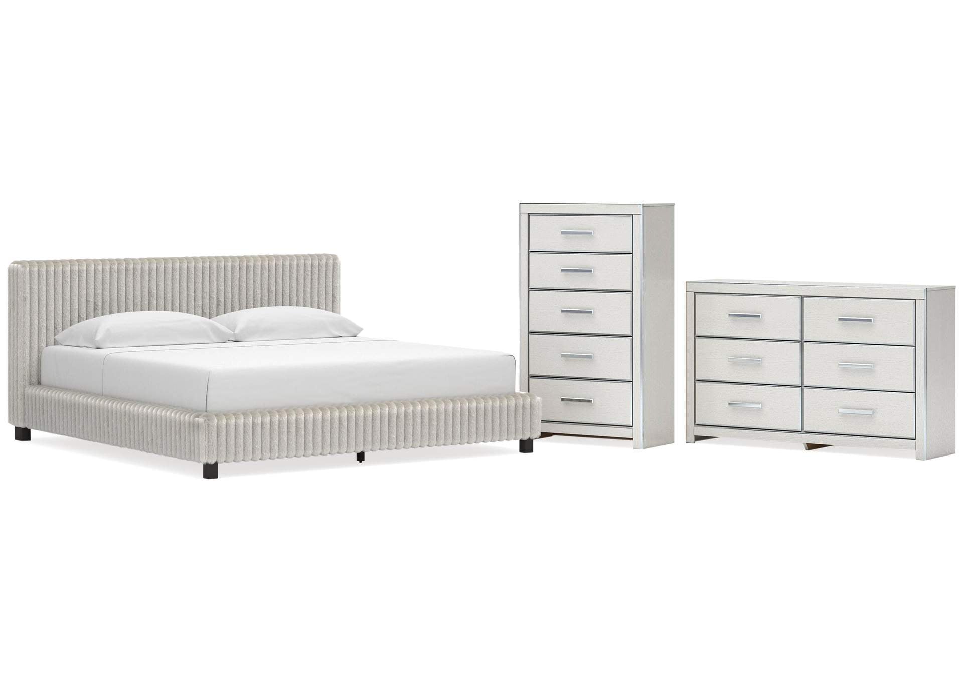 Birmonton King Upholstered Bed, Dresser and Chest