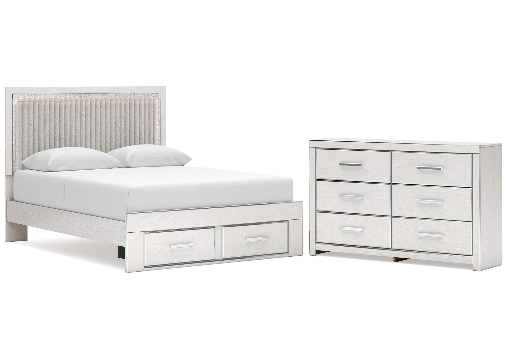 Birmonton Queen Upholstered Panel Platform Storage Bed and Dresser