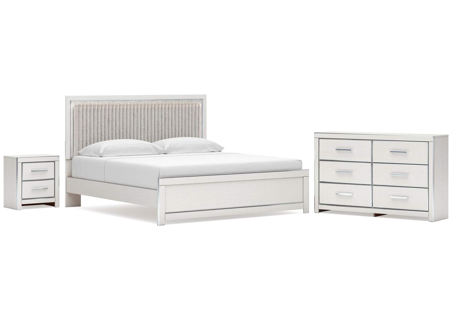 Birmonton King Upholstered Panel Platform Bed, Dresser and Nightstand