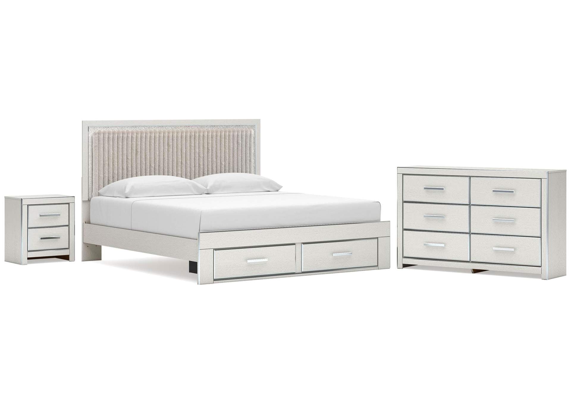 Birmonton King Upholstered Panel Platform Storage Bed, Dresser and Nightstand