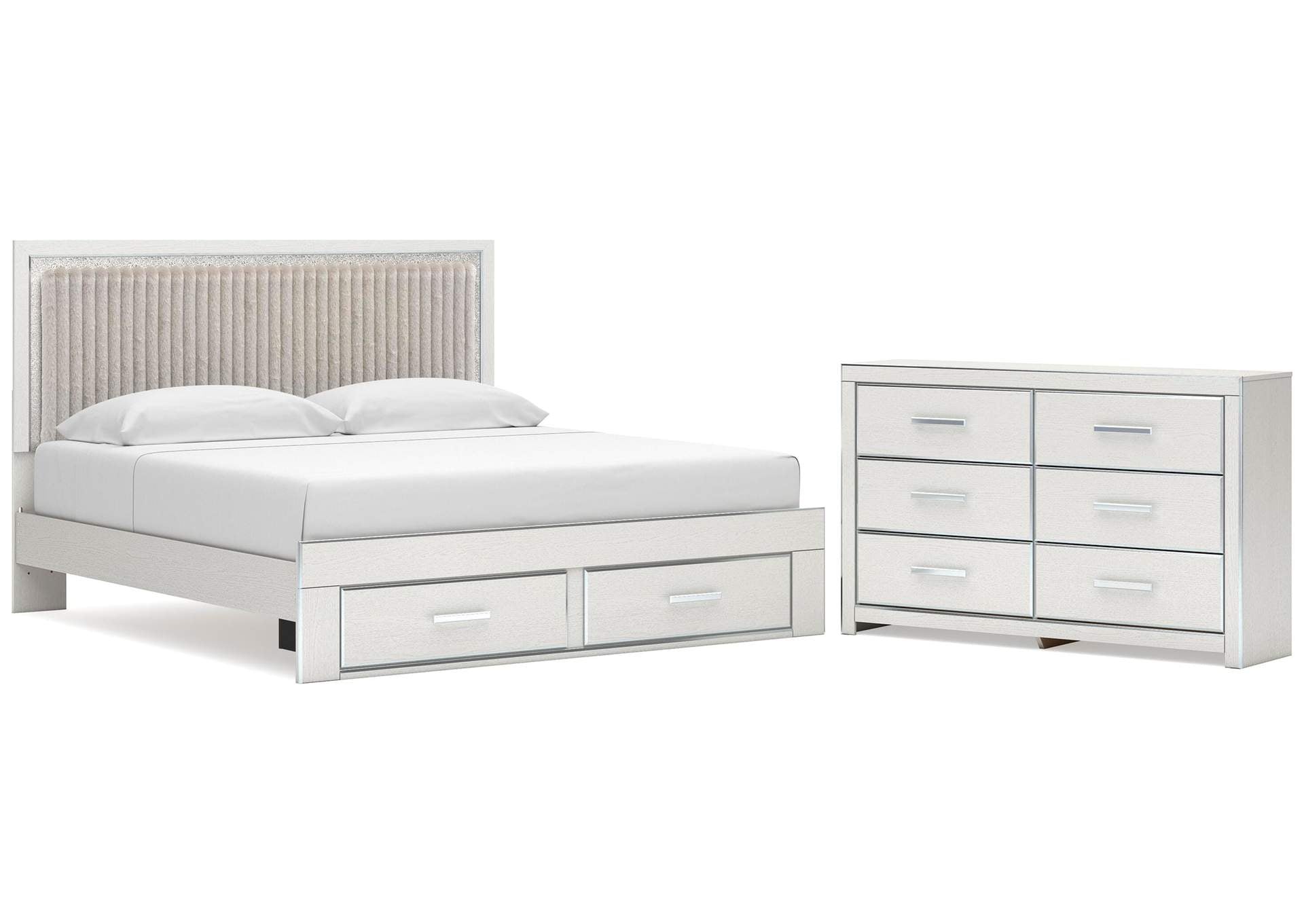 Birmonton King Upholstered Panel Platform Storage Bed and Dresser