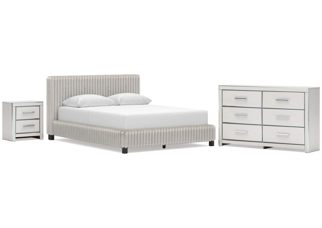 Birmonton Queen Upholstered Bed, Dresser and Nightstand