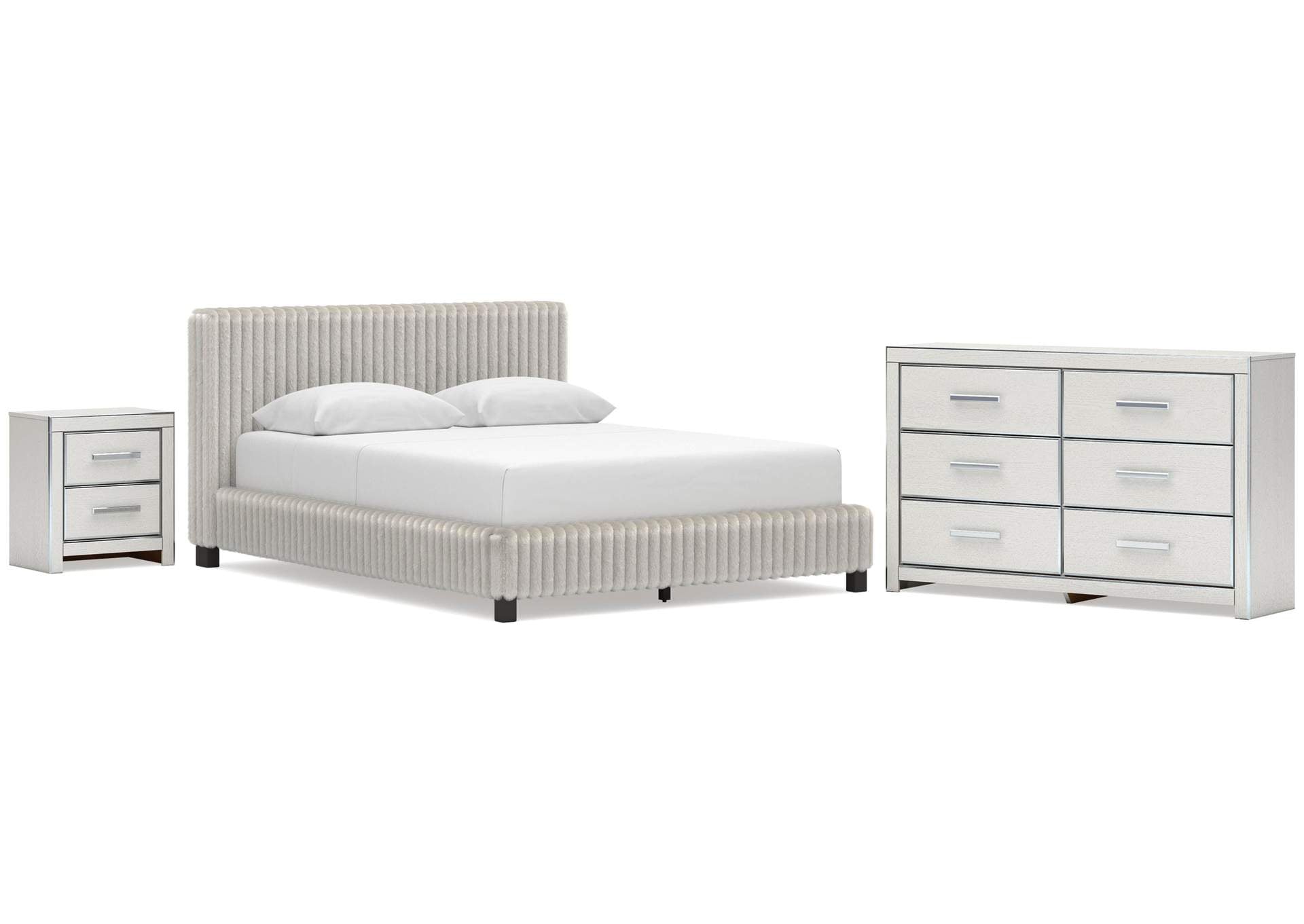 Birmonton Queen Upholstered Bed, Dresser and Nightstand
