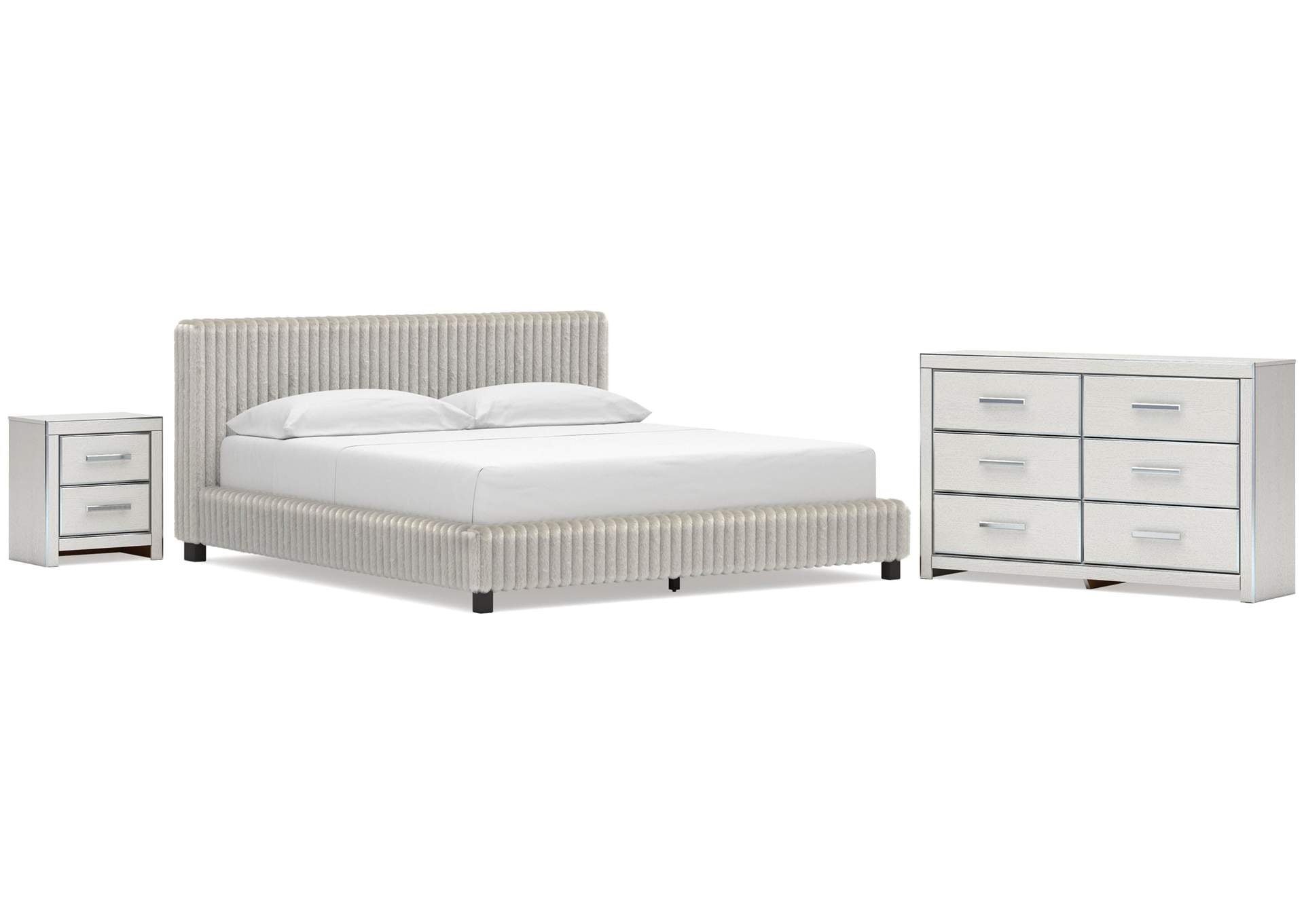 Birmonton California King Upholstered Bed, Dresser and Nightstand