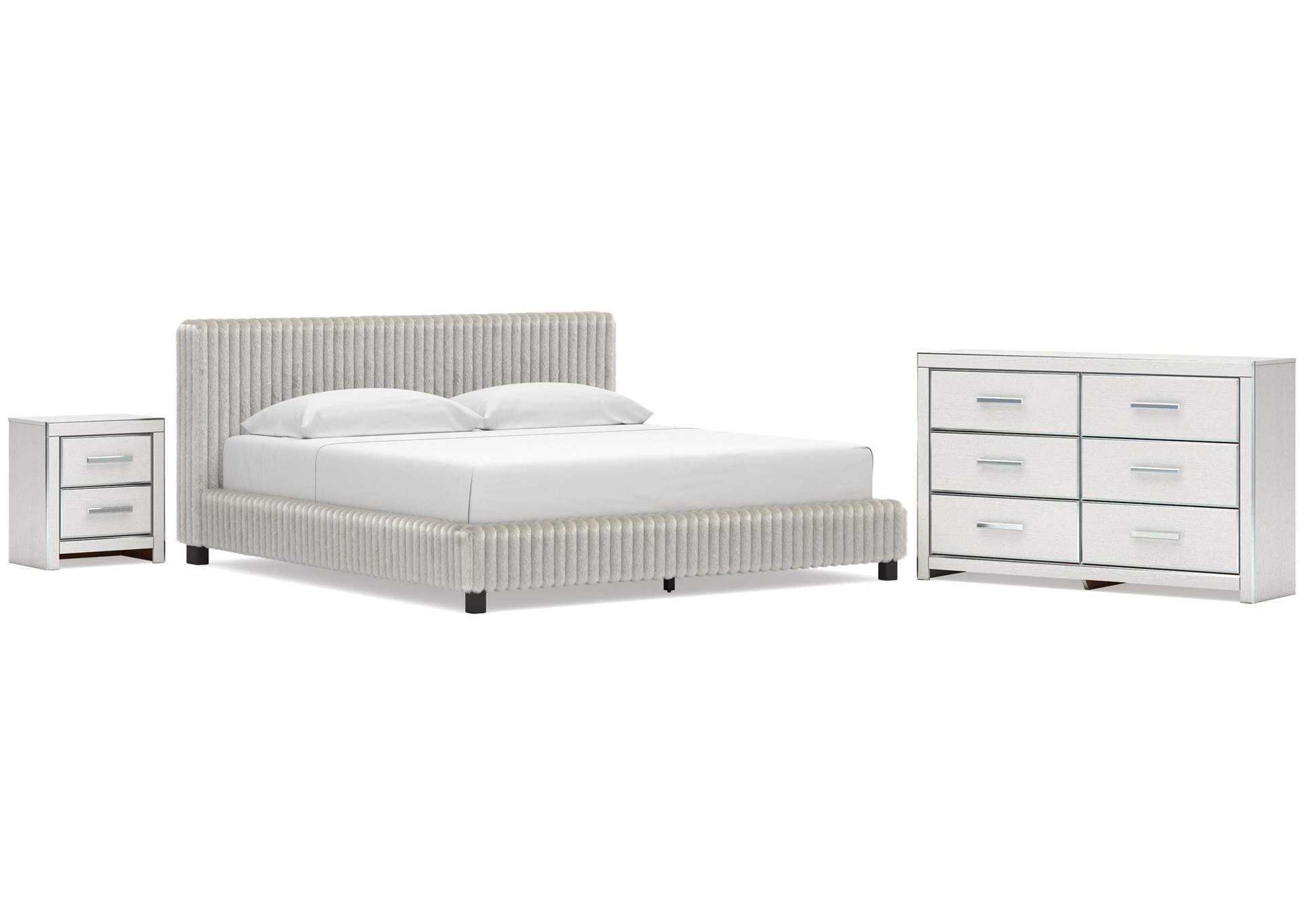 Birmonton King Upholstered Bed, Dresser and Nightstand
