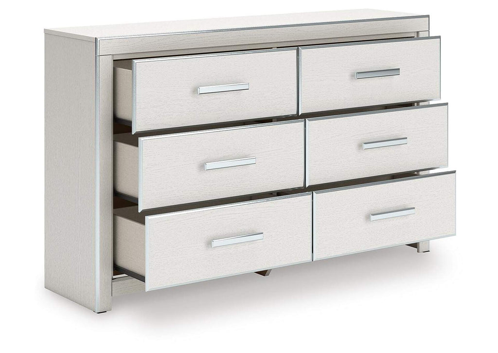Birmonton King Upholstered Panel Platform Storage Bed, Dresser and Nightstand angled view