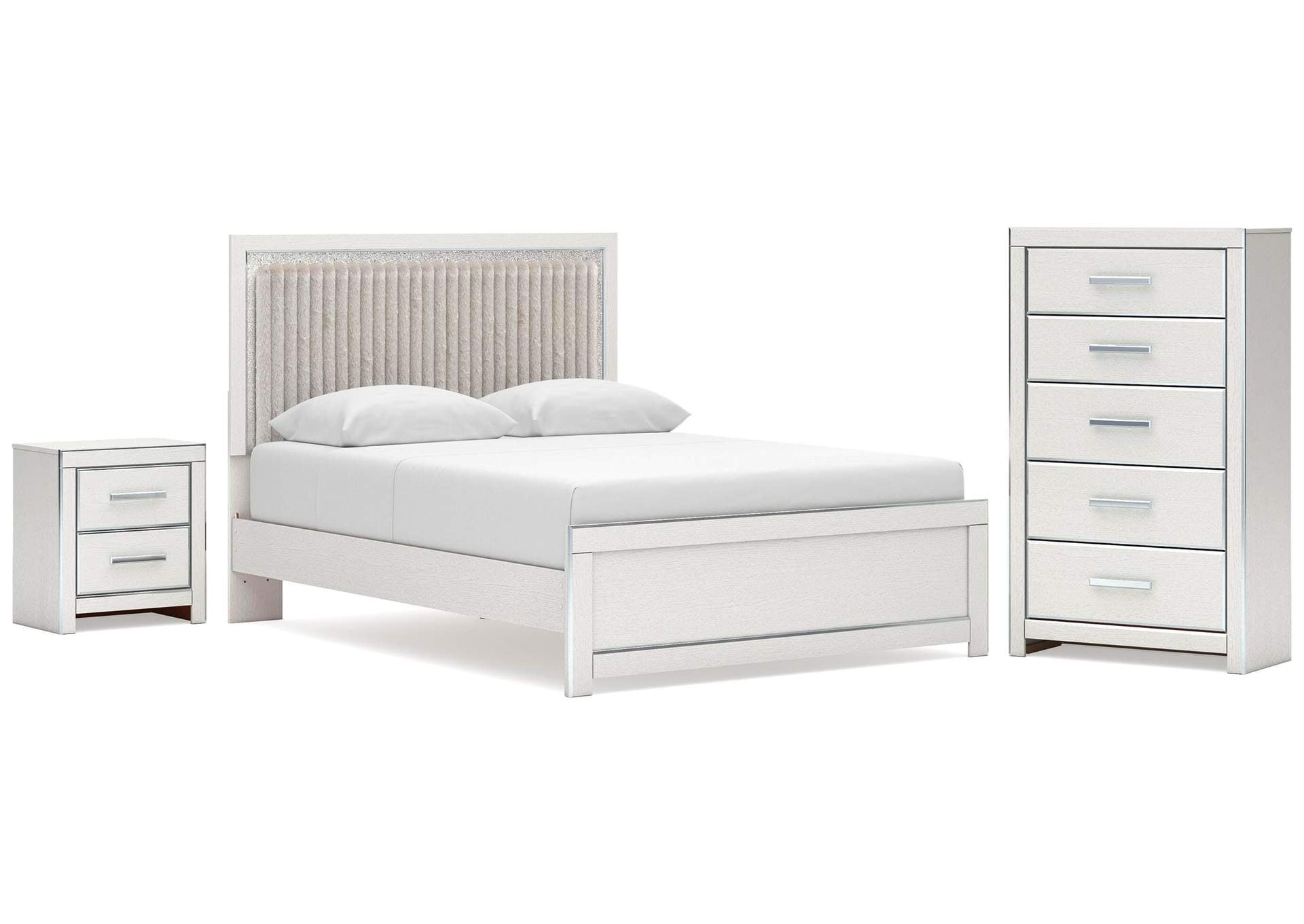Birmonton Queen Upholstered Panel Platform Bed, Dresser, Mirror and Nightstand
