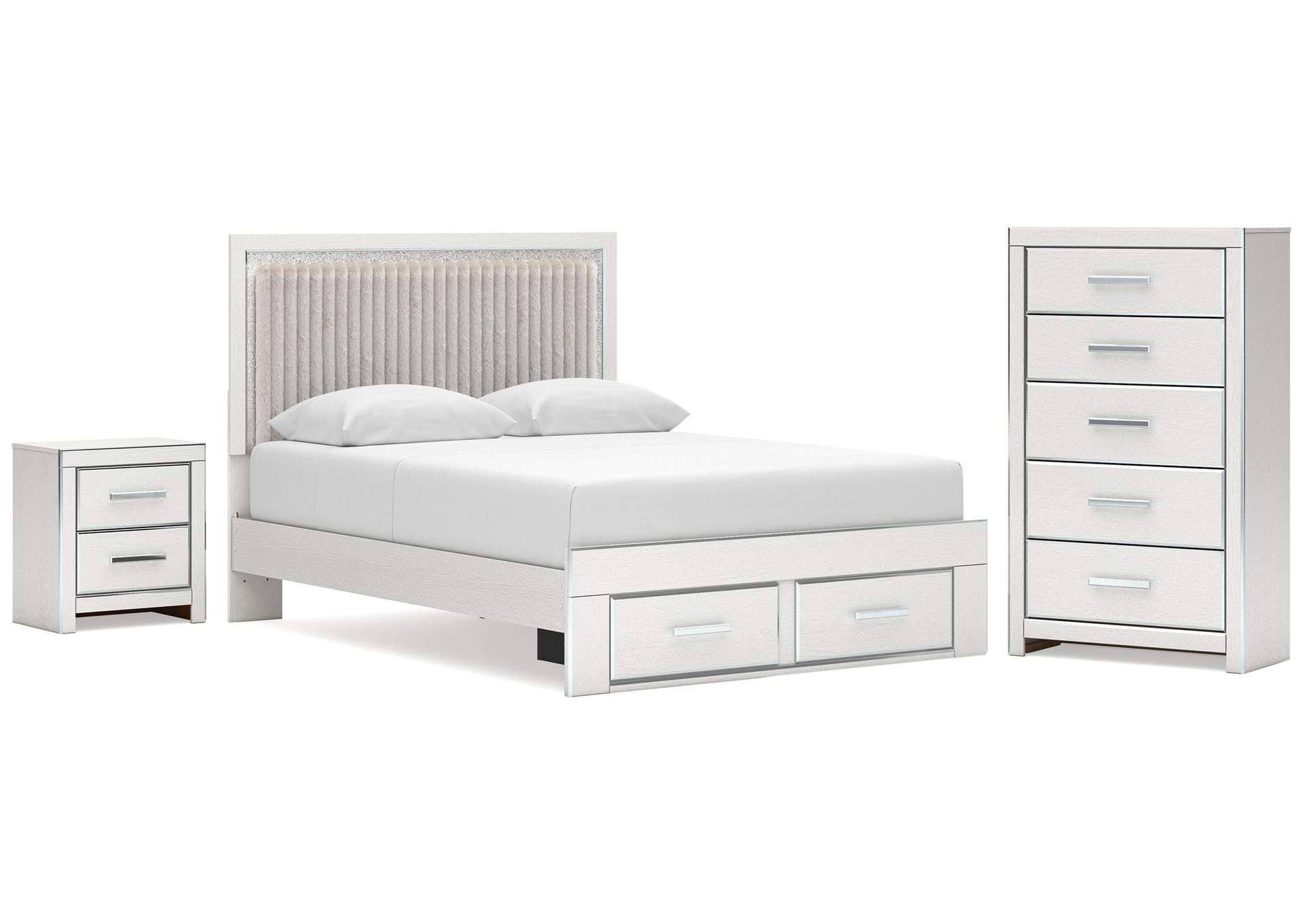 Birmonton Queen Upholstered Panel Platform Storage Bed, Chest and Nightstand