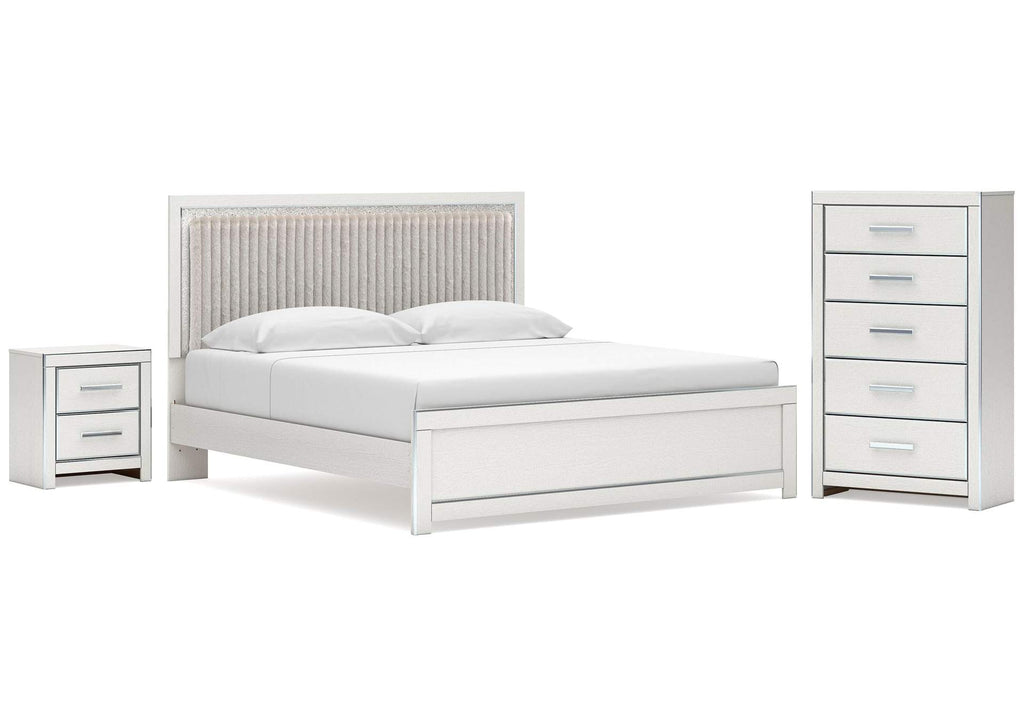 Birmonton King Upholstered Panel Platform Bed, Chest and Nightstand
