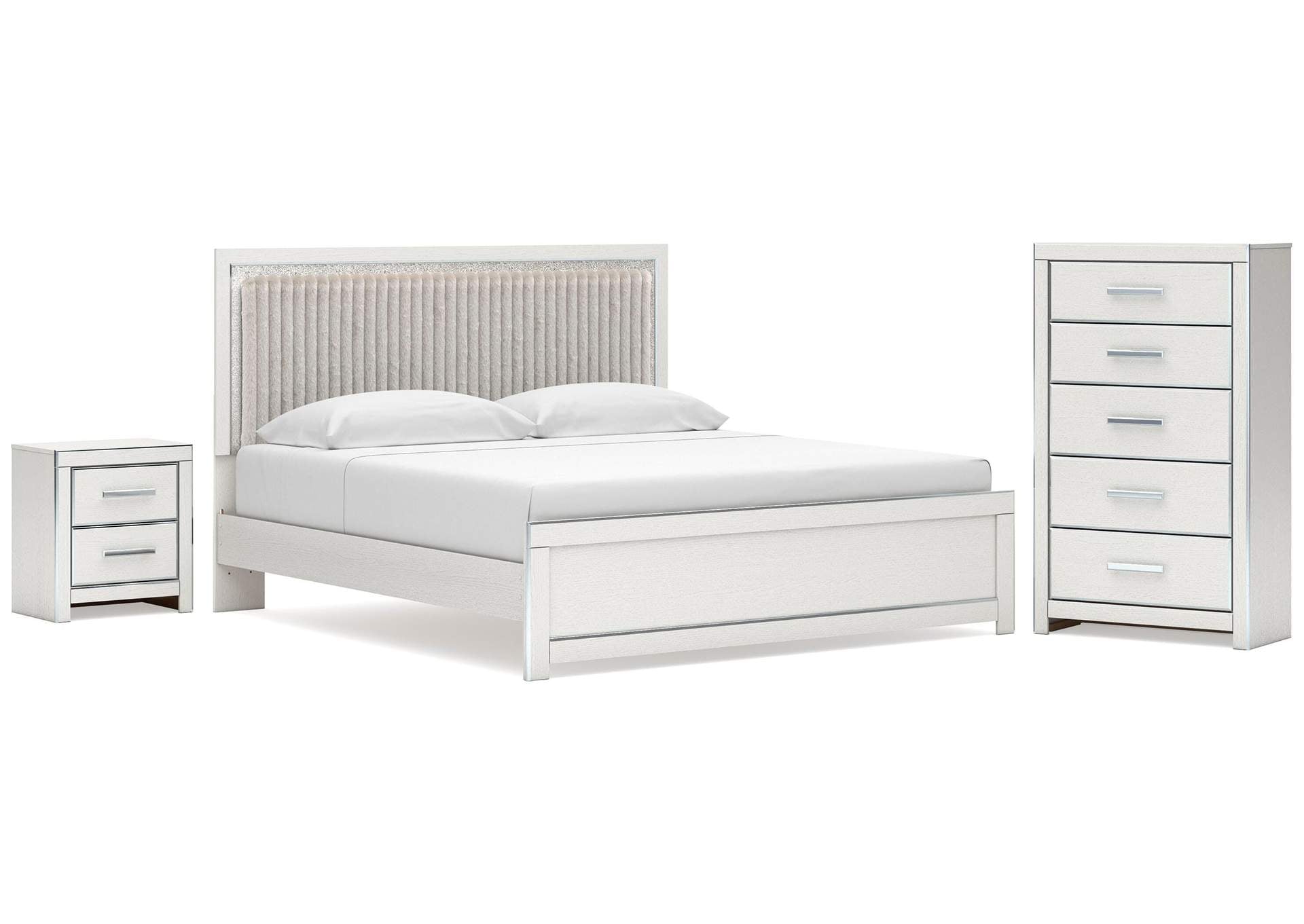 Birmonton King Upholstered Panel Platform Bed, Chest and Nightstand
