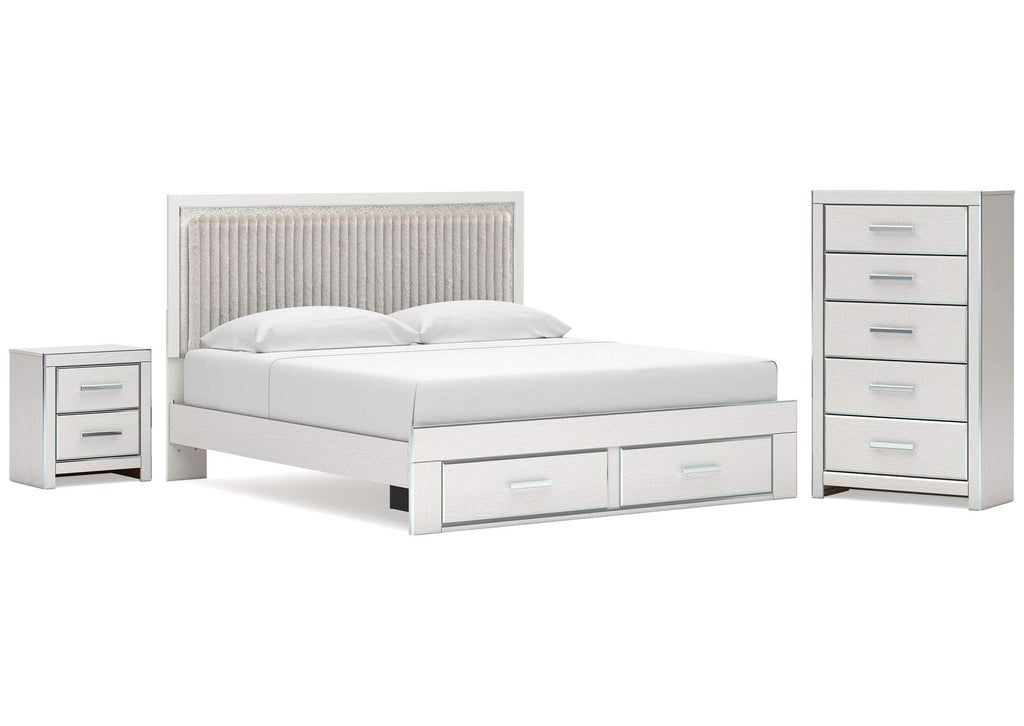 Birmonton King Upholstered Panel Platform Storage Bed, Chest and Nightstand