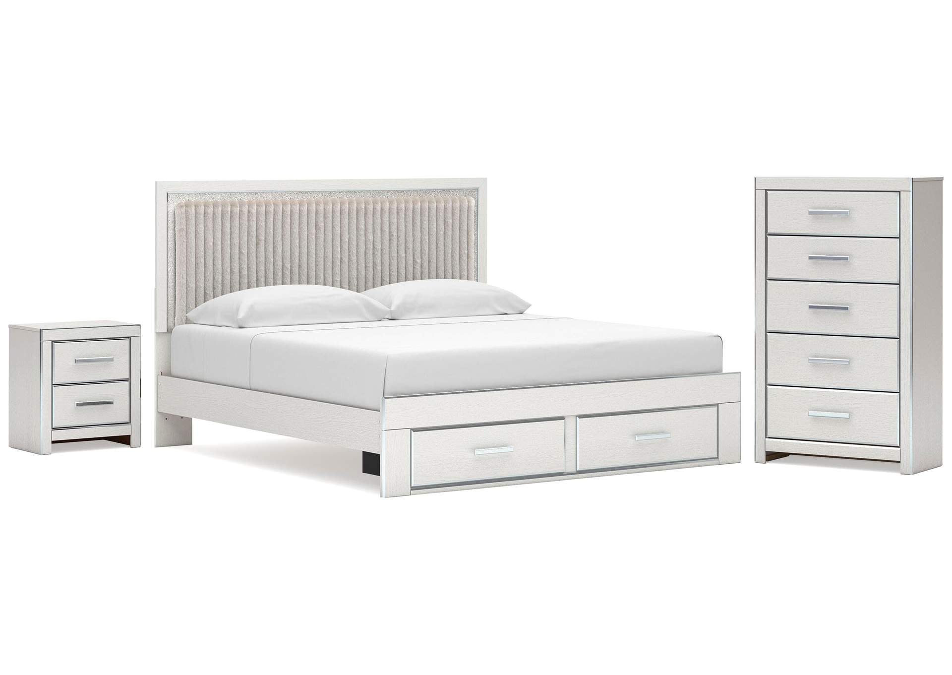 Birmonton King Upholstered Panel Platform Storage Bed, Chest and Nightstand