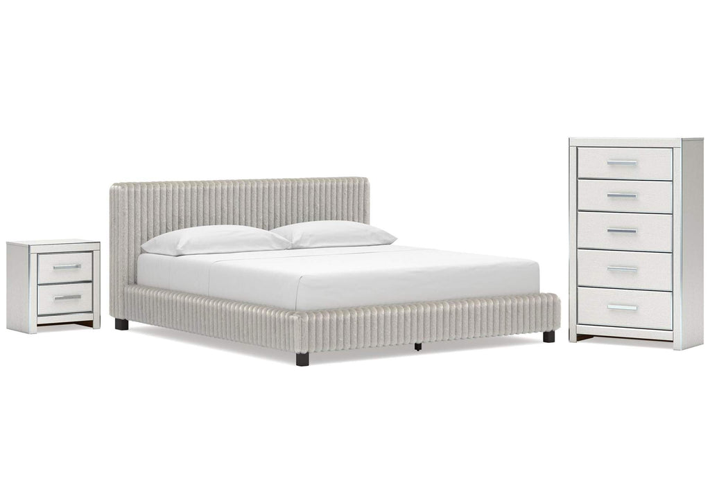 Birmonton California King Upholstered Bed, Chest and Nightstand