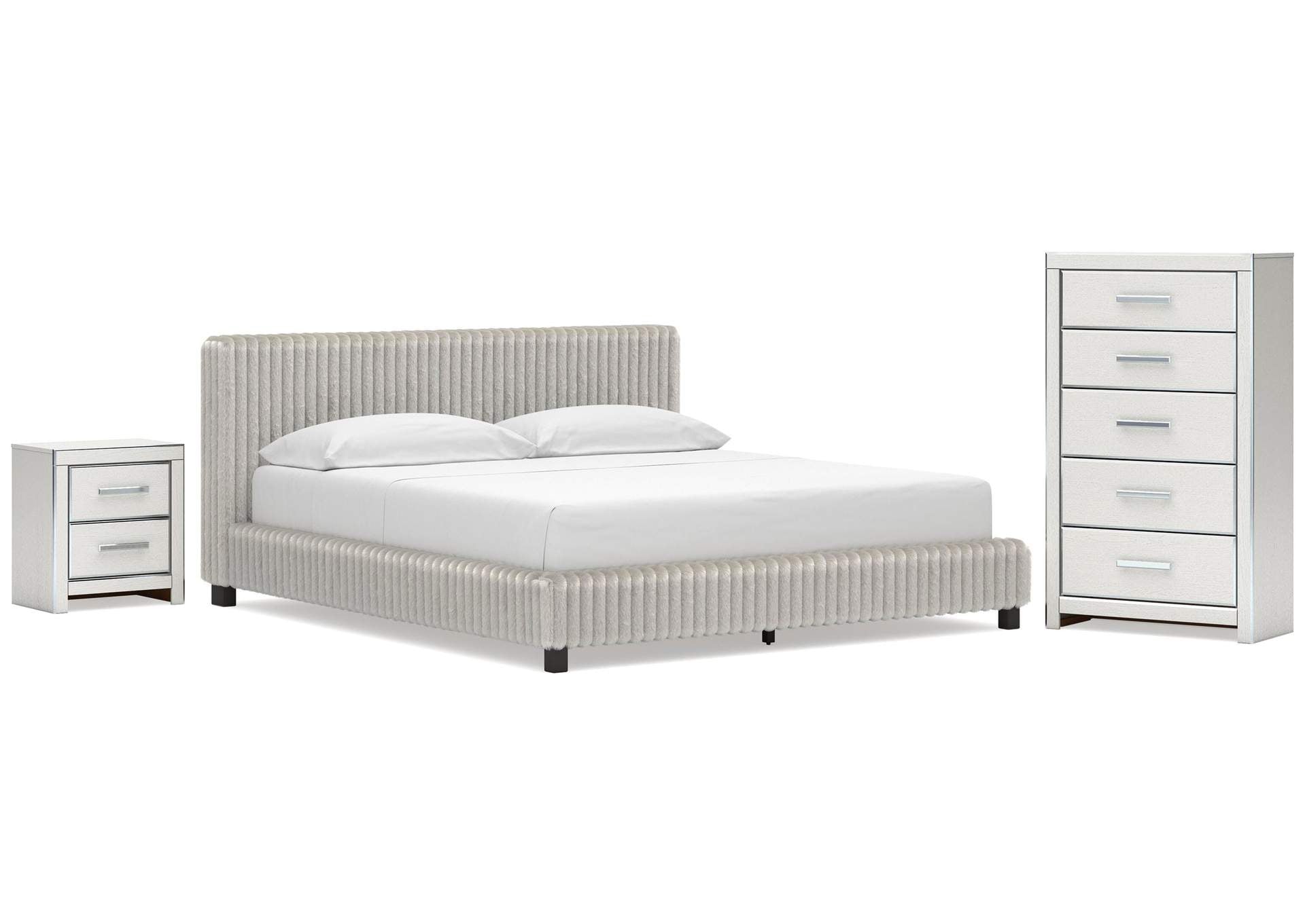 Birmonton California King Upholstered Bed, Chest and Nightstand