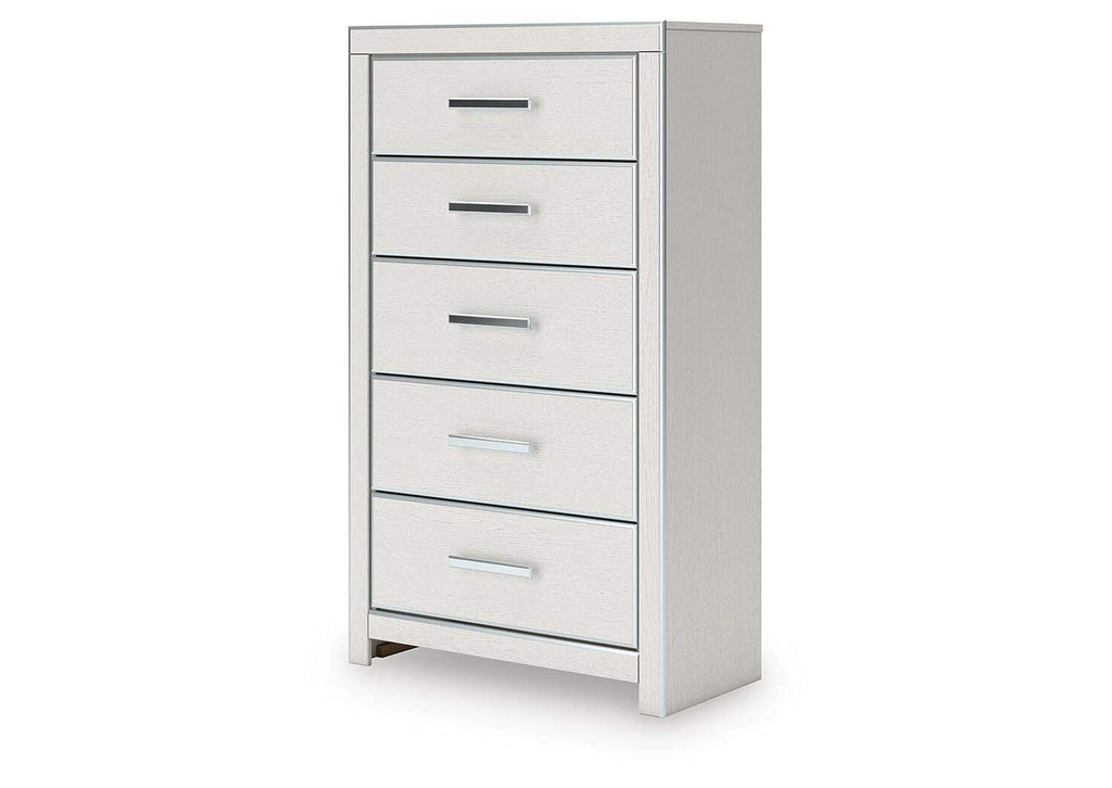 Birmonton King Upholstered Panel Platform Storage Bed, Dresser, Mirror, Chest and Nightstand angled view