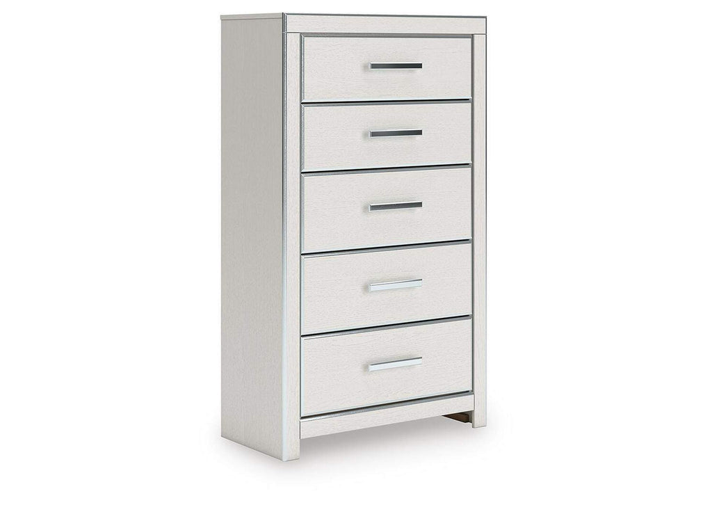 Birmonton King Upholstered Panel Bed, Dresser, Mirror and Chest angled view