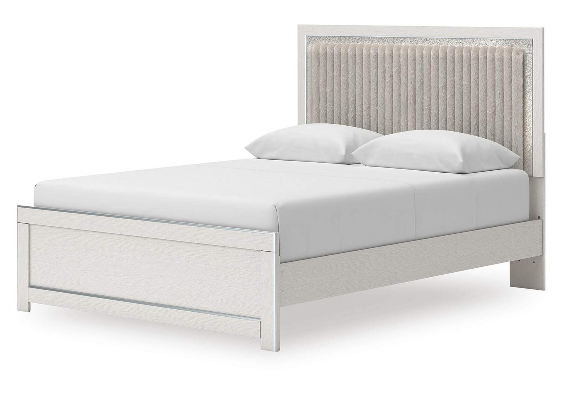 Birmonton Queen Upholstered Panel Platform Bed, Dresser, Mirror and Nightstand angled view