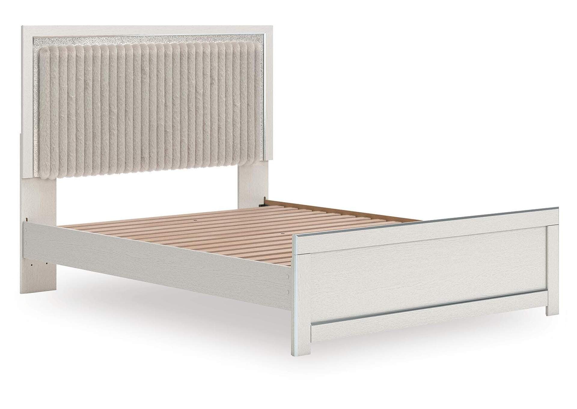 Birmonton Queen Upholstered Panel Platform Bed, Dresser and Nightstand angled view
