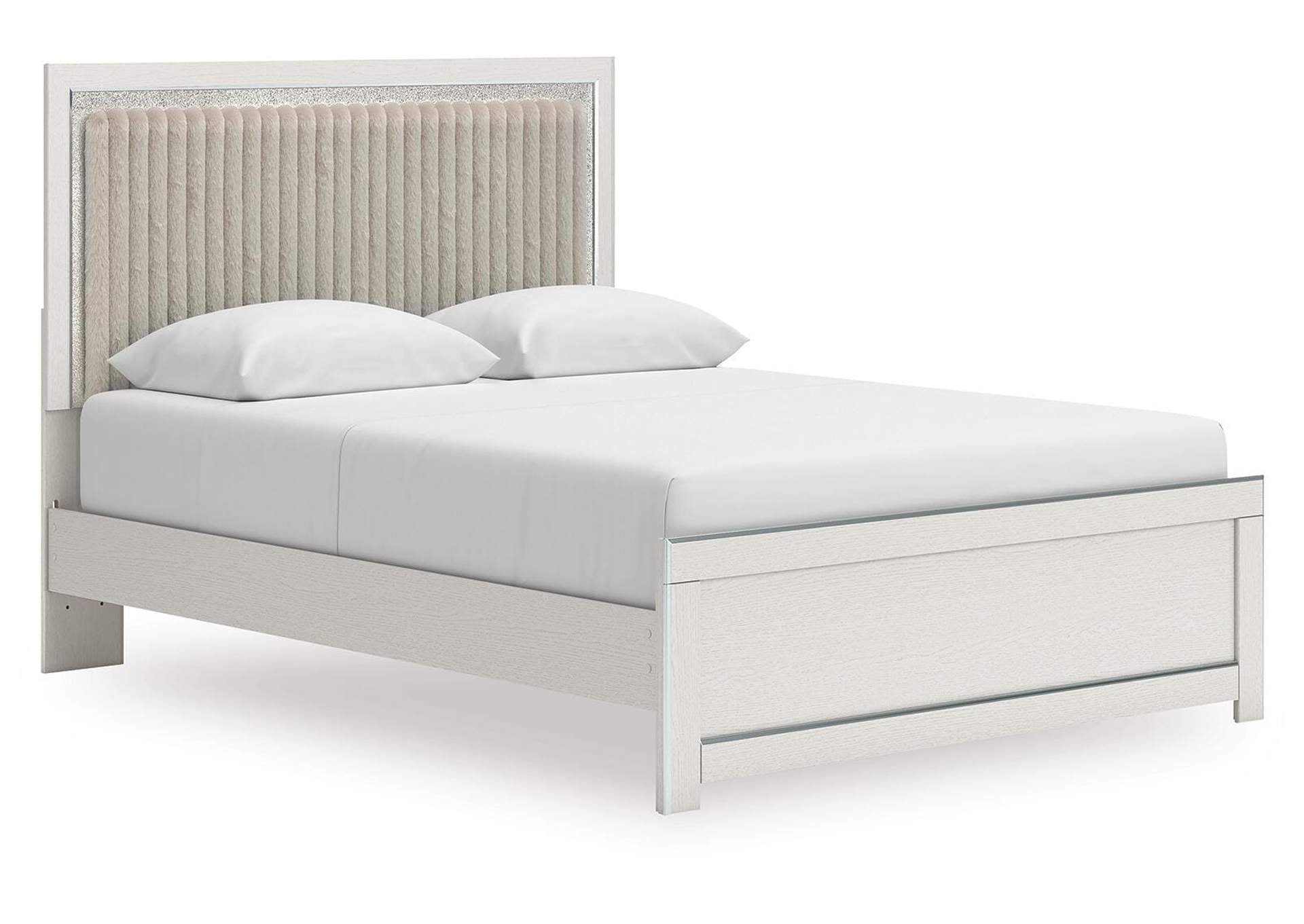 Birmonton Queen Upholstered Panel Platform Bed, Dresser and Mirror angled view