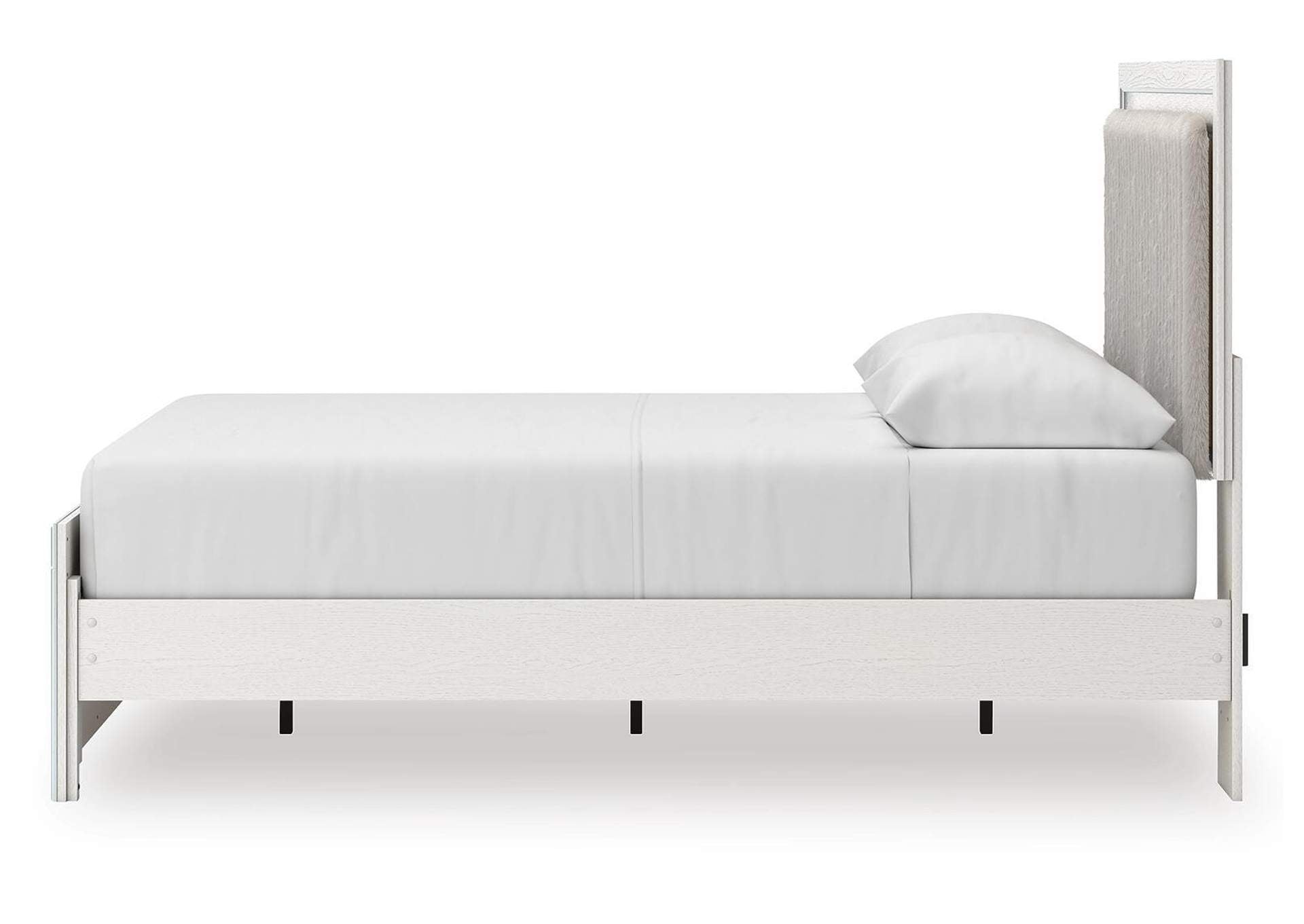 Birmonton Queen Upholstered Panel Platform Bed, Dresser, Mirror and Nightstand side view
