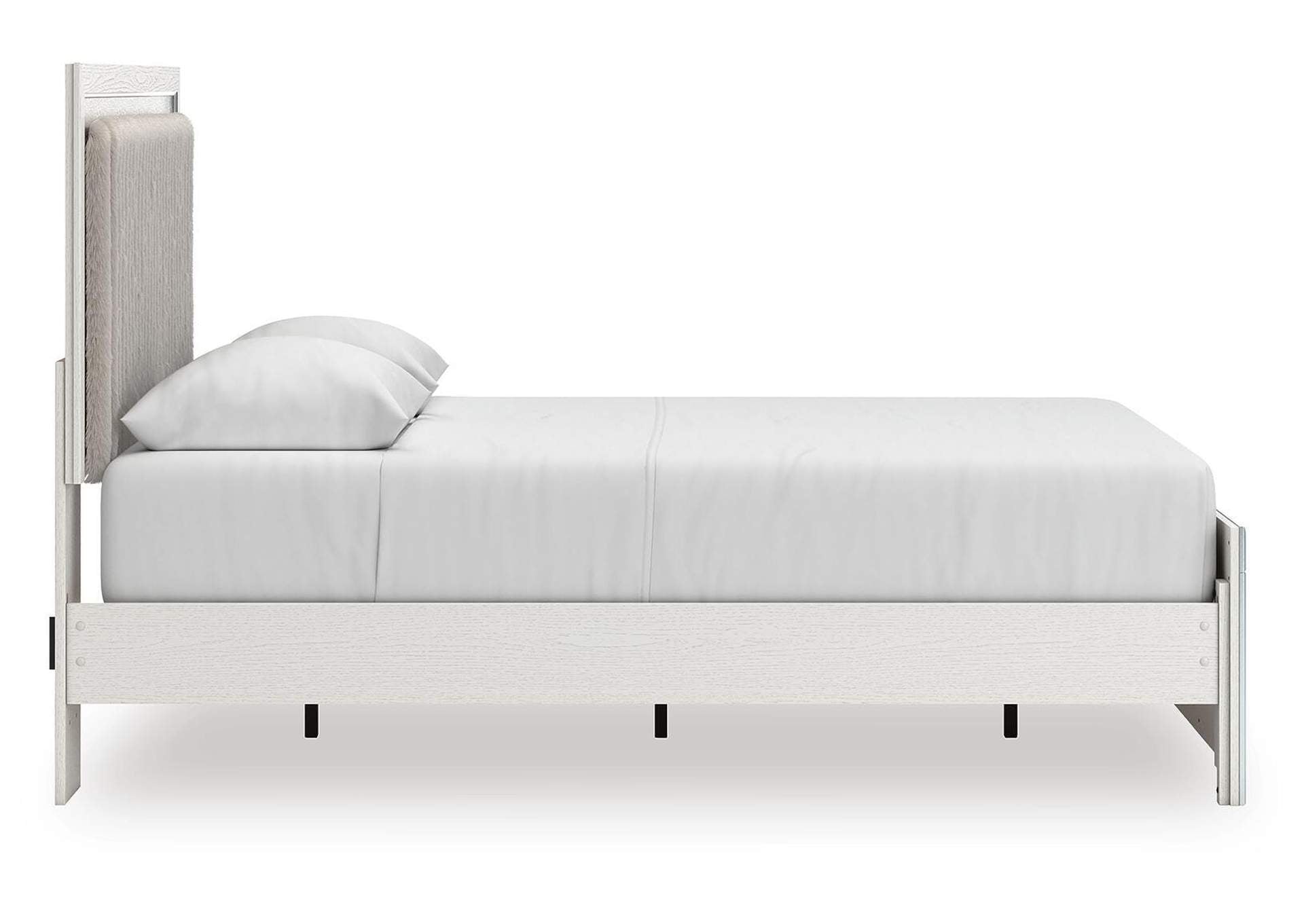 Birmonton Queen Upholstered Panel Platform Bed, Dresser and Chest side view