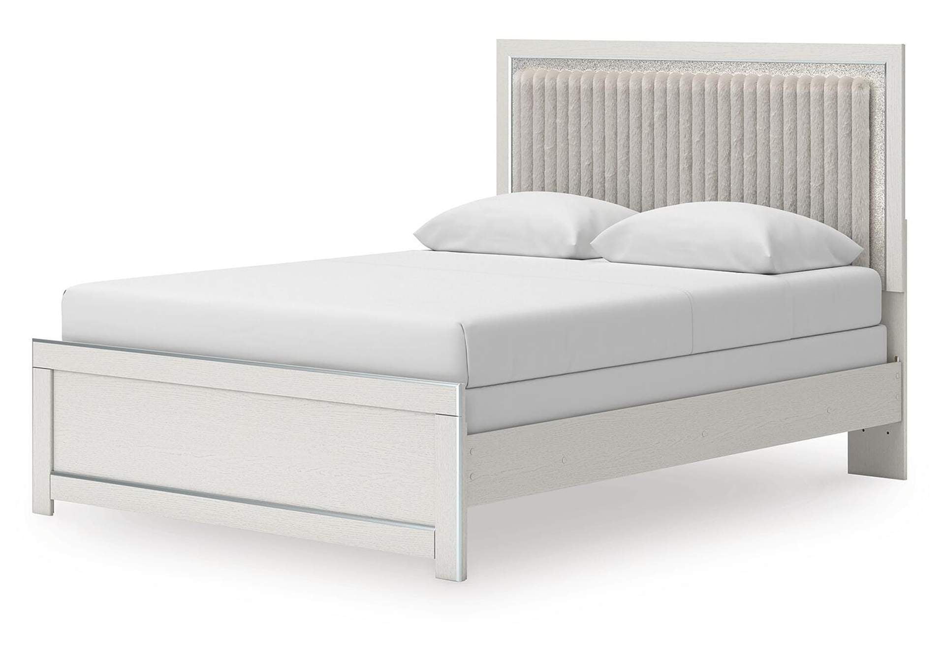 Birmonton Queen Upholstered Panel Bed, Dresser, Mirror and Nightstand angled view