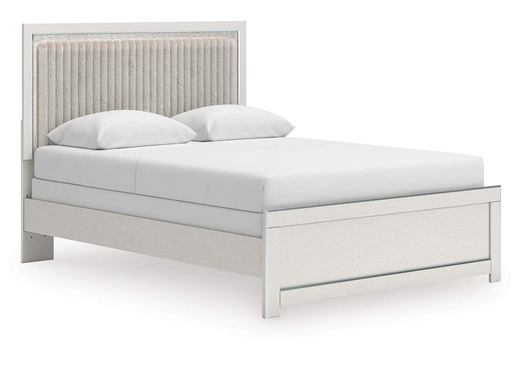 Birmonton Queen Upholstered Panel Bed, Dresser, Mirror, Chest and Nightstand angled view