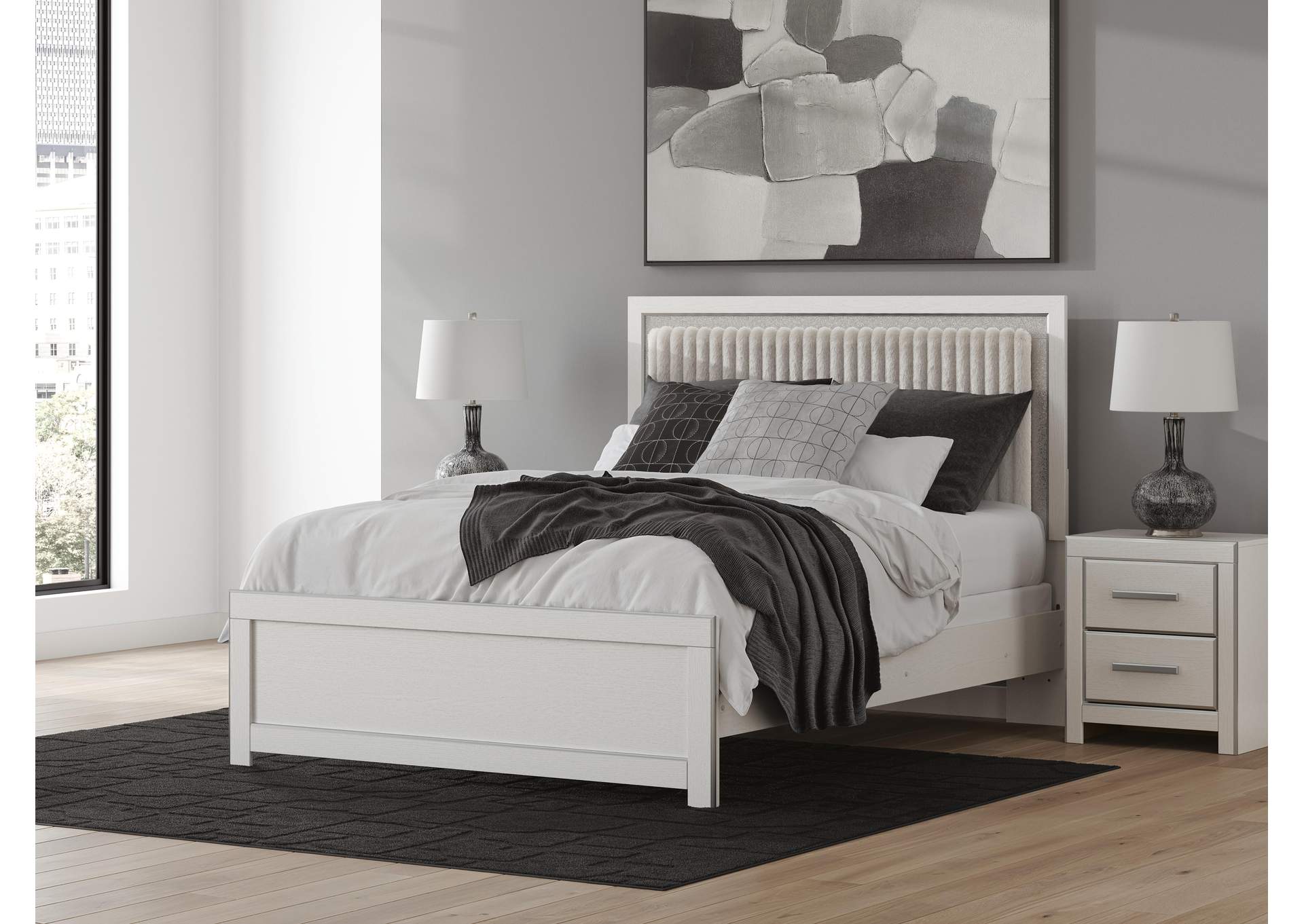 Birmonton Queen Upholstered Panel Bed, Dresser, Mirror and Nightstand