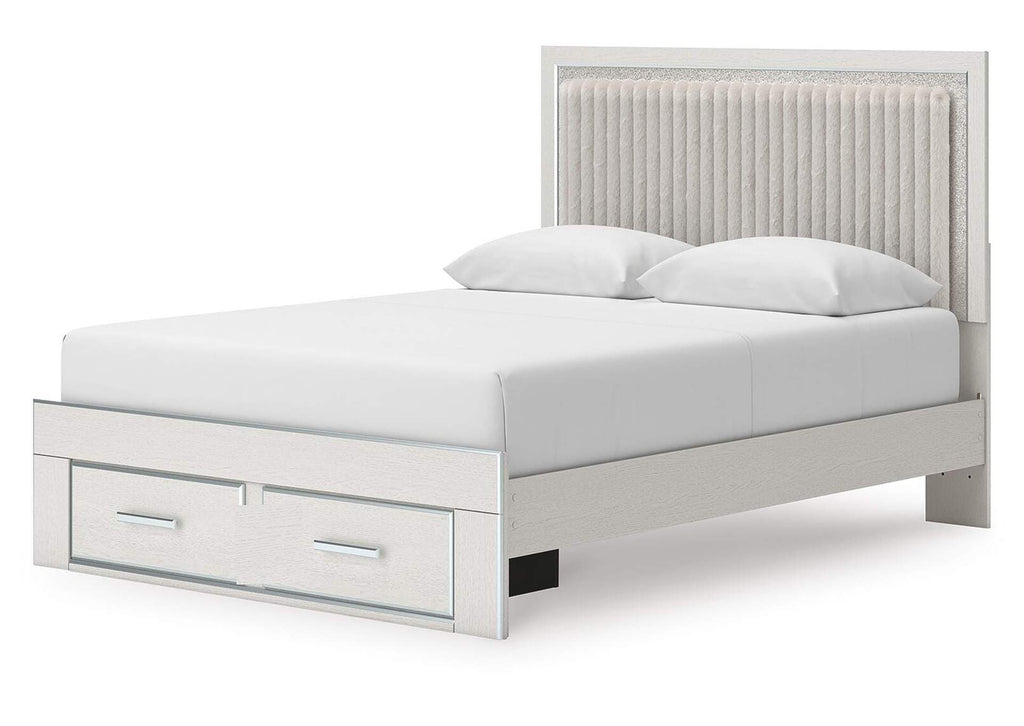 Birmonton Queen Upholstered Panel Platform Storage Bed, Dresser, Mirror, Chest and Nightstand angled view