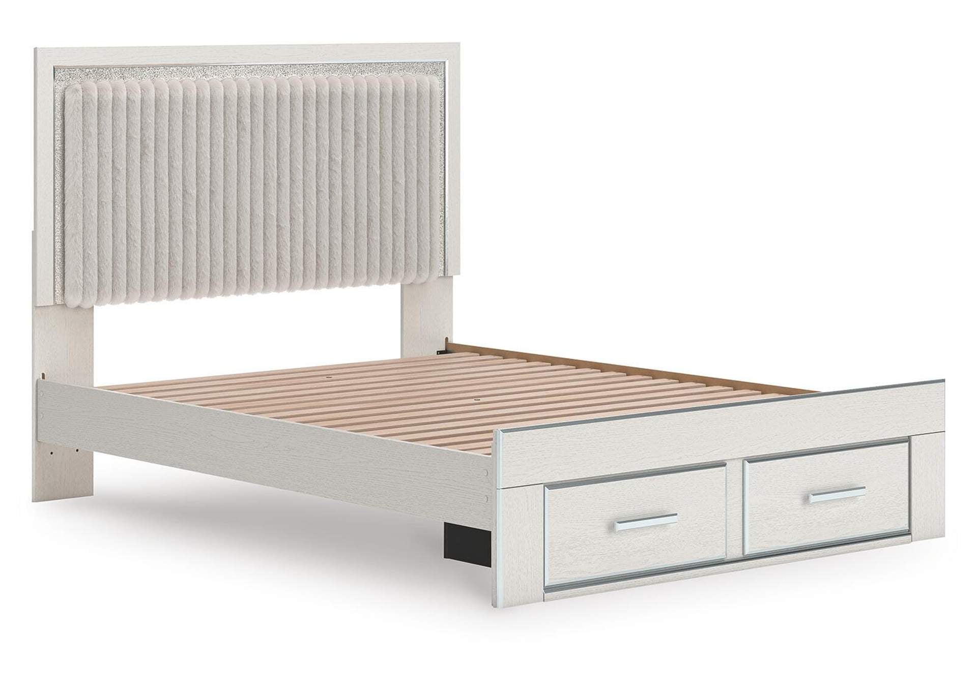 Birmonton Queen Upholstered Panel Platform Storage Bed, Dresser and Chest angled view