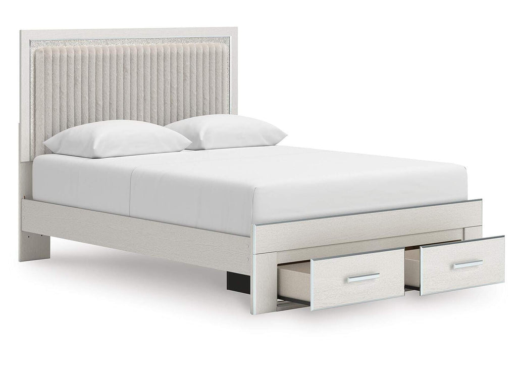 Birmonton Queen Upholstered Panel Platform Storage Bed, Dresser, Mirror, Chest and Nightstand angled view