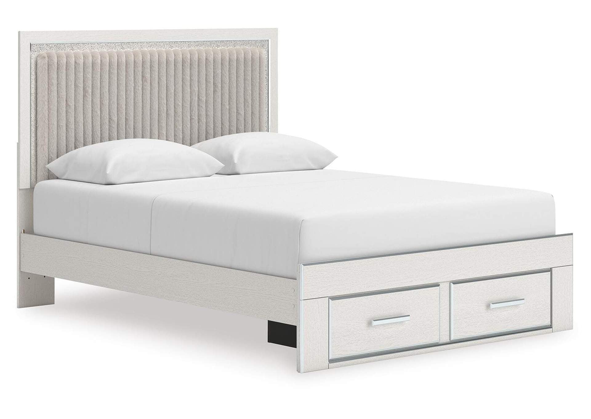 Birmonton Queen Upholstered Panel Platform Storage Bed, Chest and Nightstand angled view