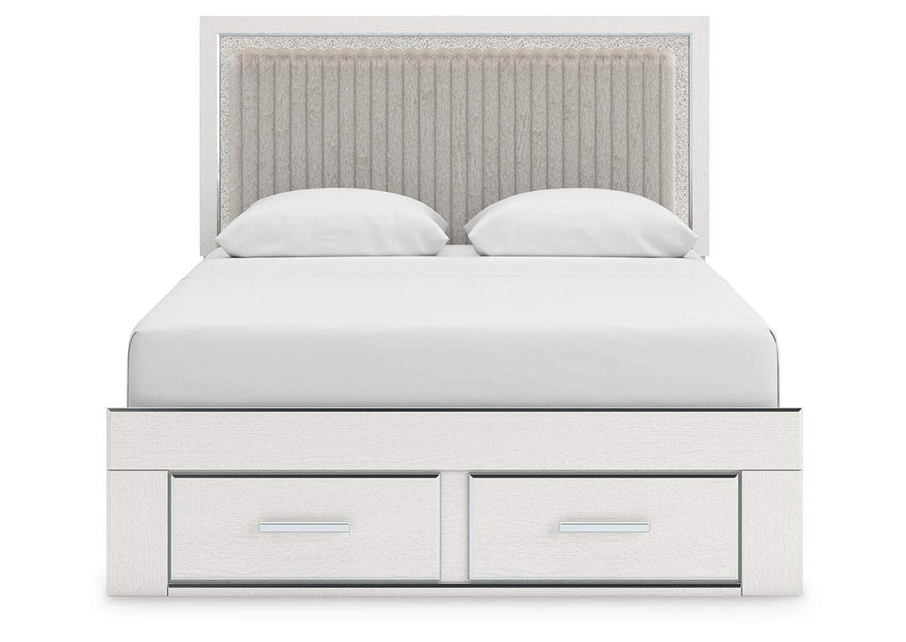 Birmonton Queen Upholstered Panel Platform Storage Bed, Dresser and Nightstand front view