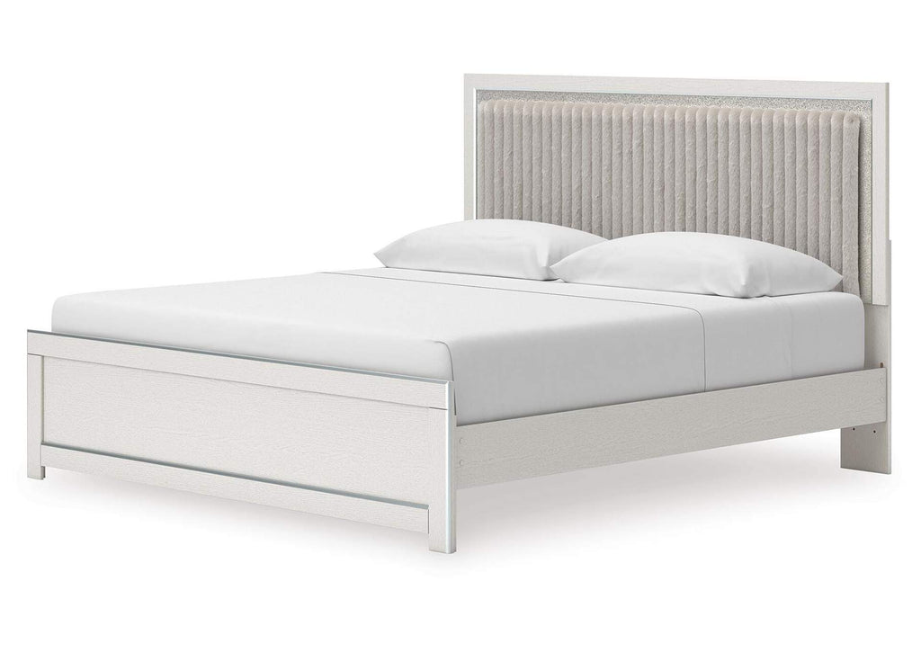 Birmonton King Upholstered Panel Platform Bed, Dresser, Mirror and Nightstand angled view