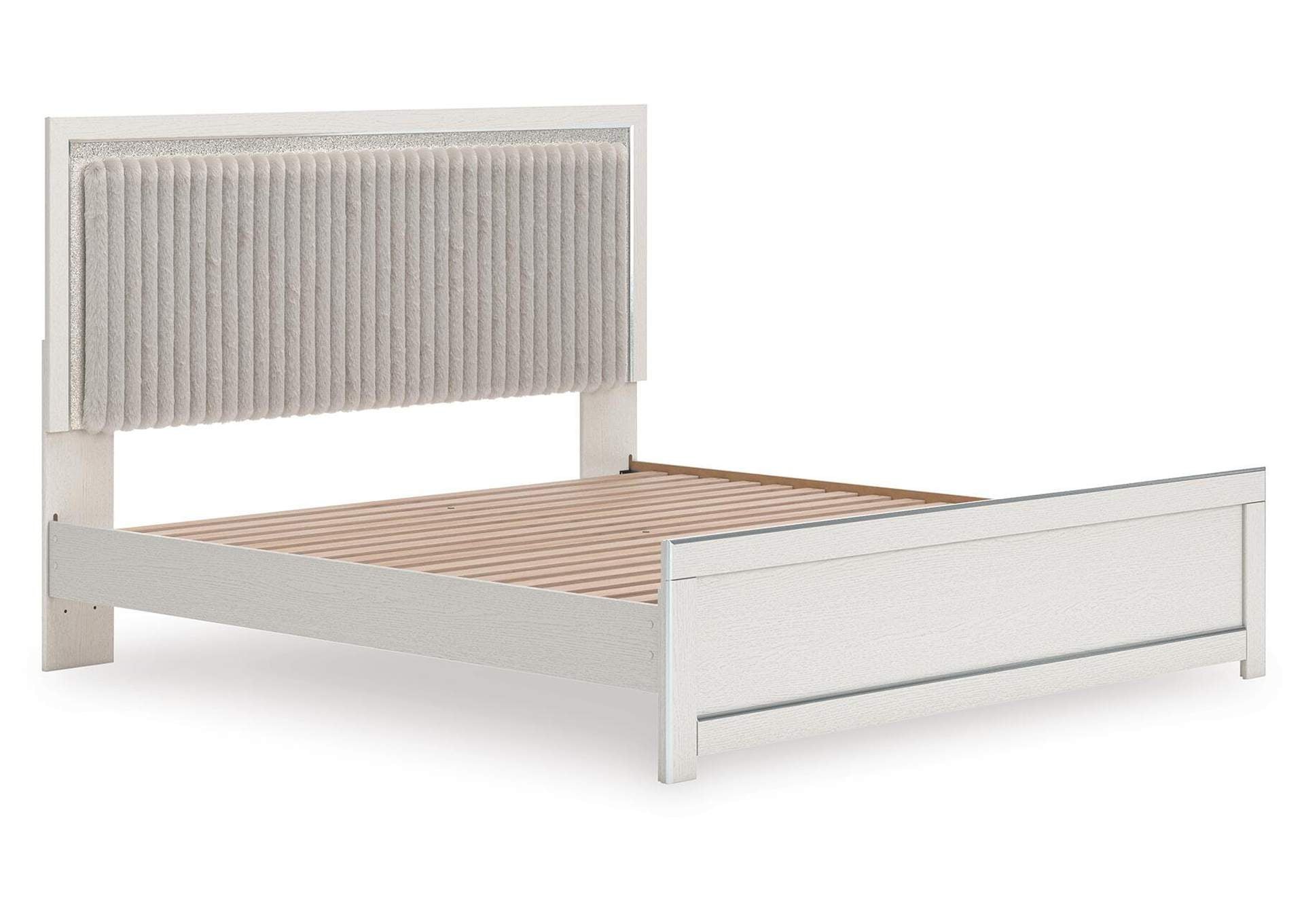 Birmonton King Upholstered Panel Platform Bed, Dresser, Mirror and Chest angled view