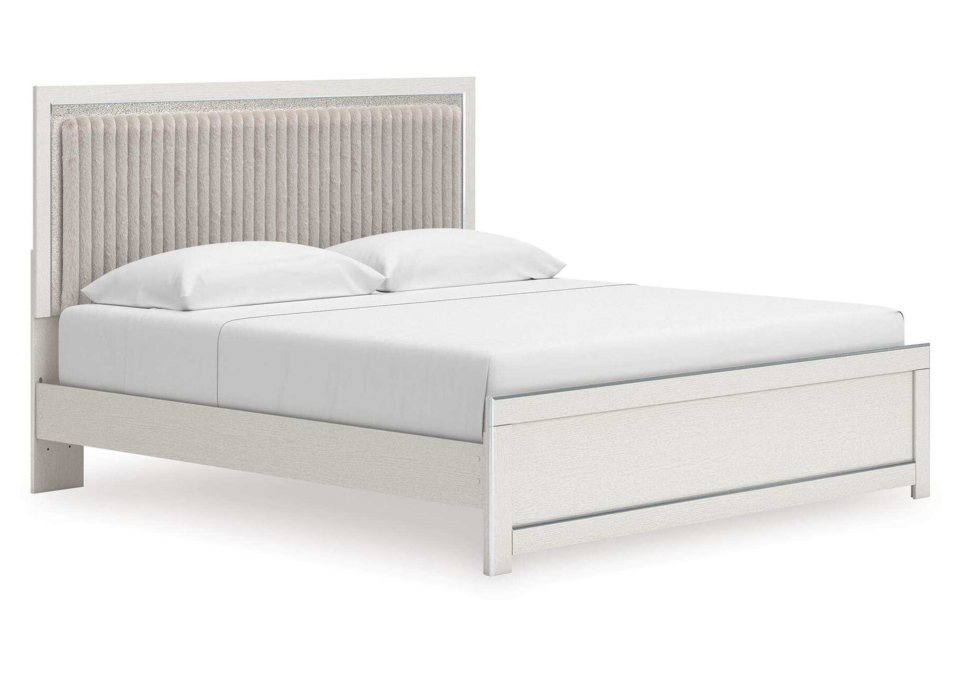 Birmonton King Upholstered Panel Platform Bed, Dresser and Mirror angled view