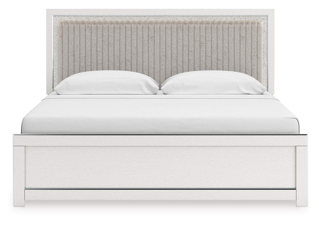 Birmonton King Upholstered Panel Platform Bed, Dresser, Mirror, Chest and Nightstand front view