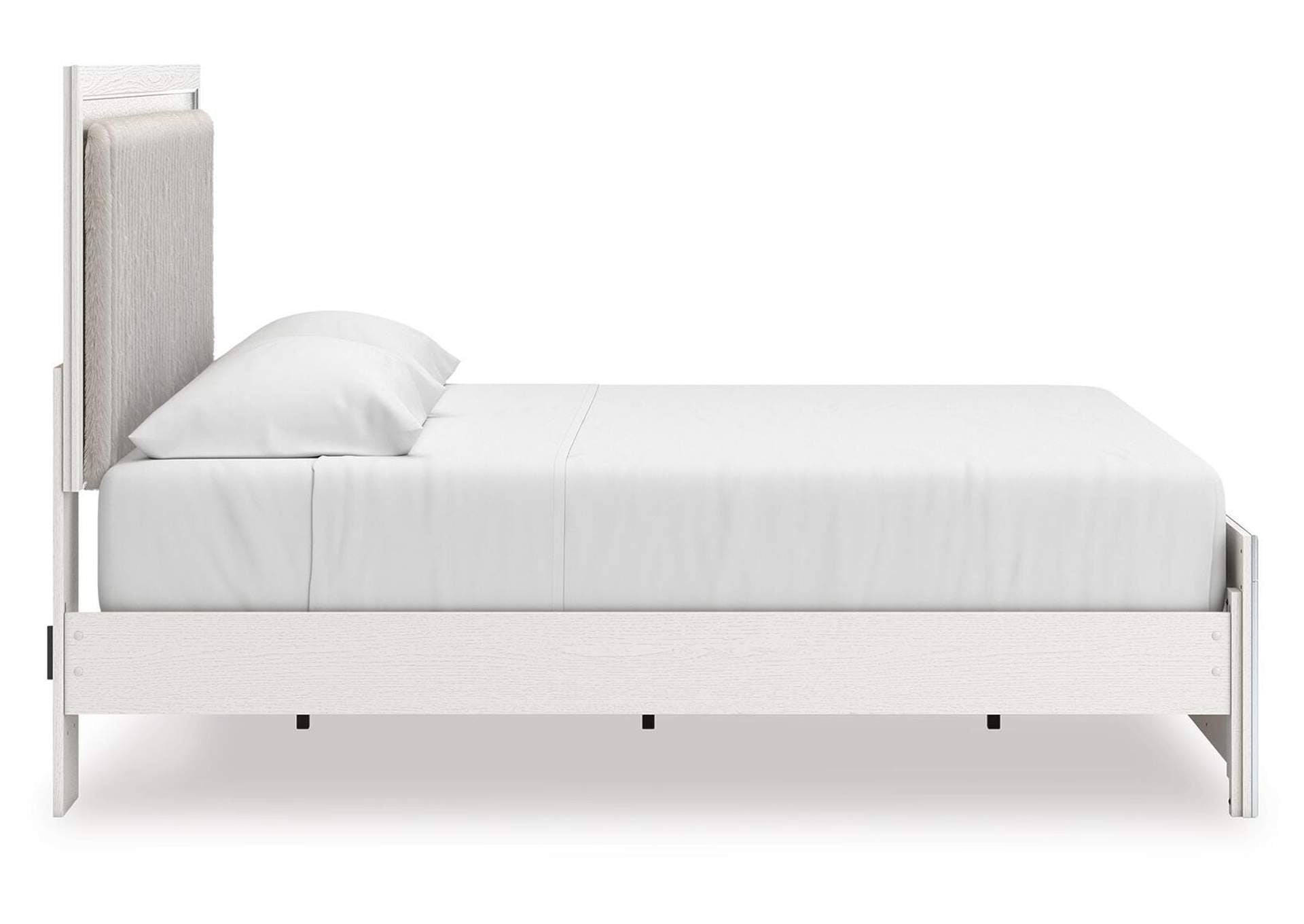 Birmonton King Upholstered Panel Platform Bed, Chest and Nightstand side view