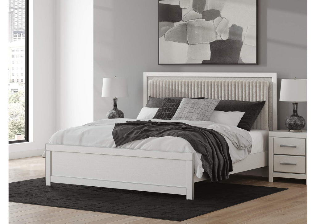 Birmonton King Upholstered Panel Platform Bed, Dresser, Mirror, Chest and Nightstand