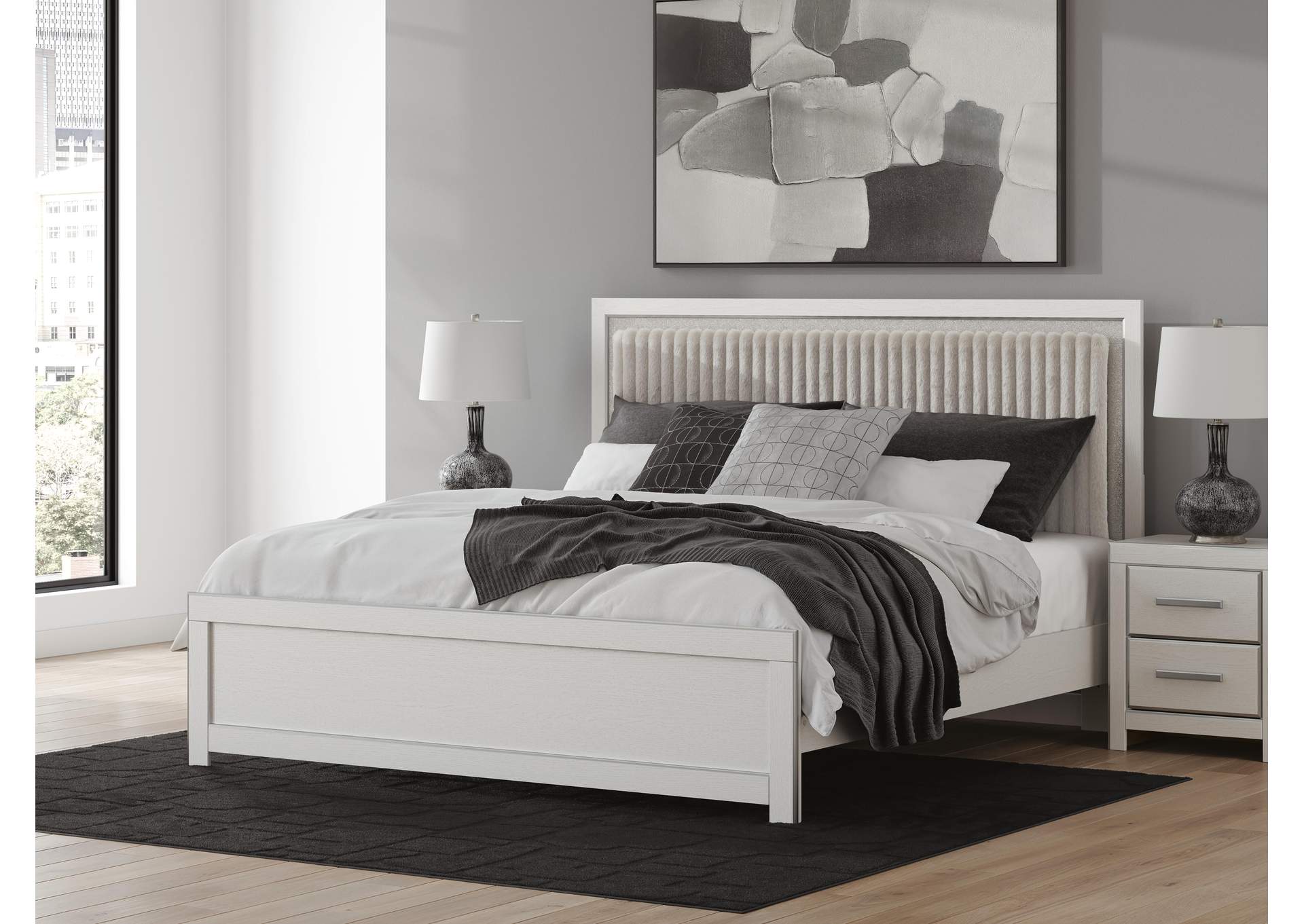 Birmonton King Upholstered Panel Platform Bed, Chest and Nightstand