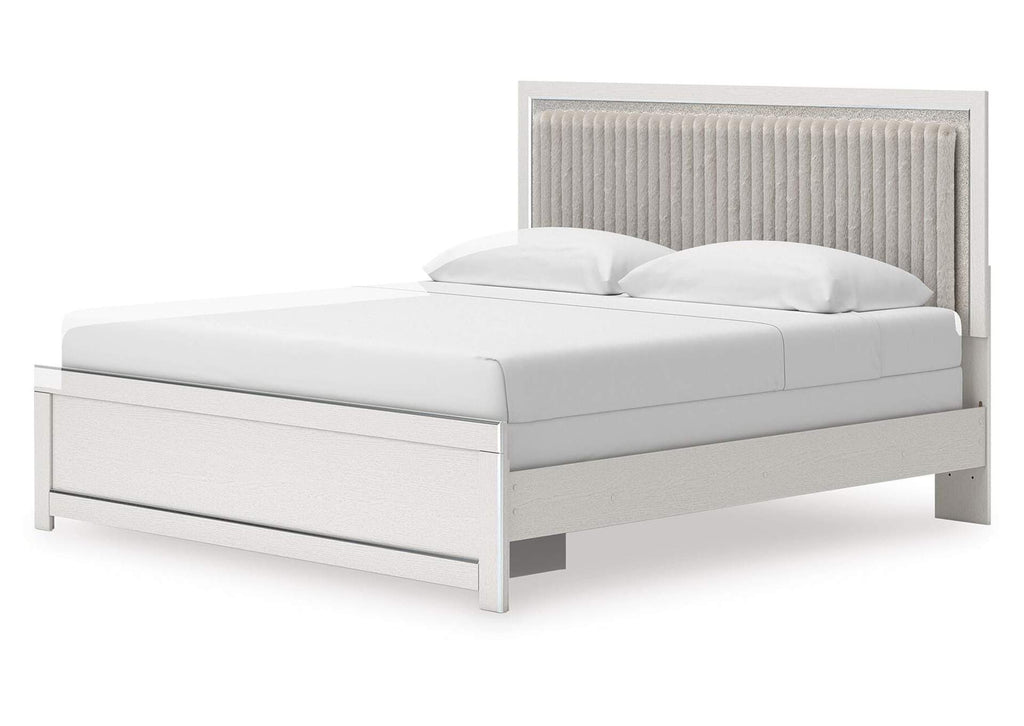 Birmonton King Upholstered Panel Bed, Chest and Nightstand angled view