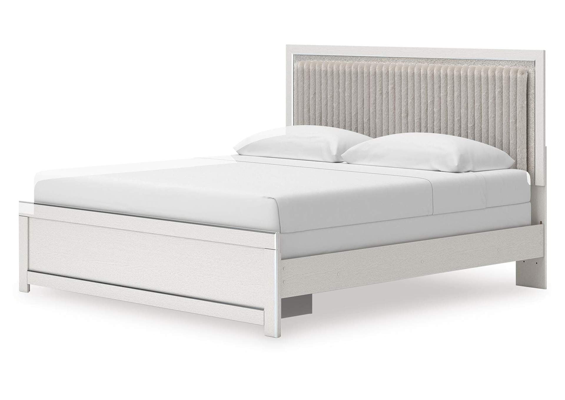 Birmonton King Upholstered Panel Bed, Dresser, Mirror, Chest and Nightstand angled view