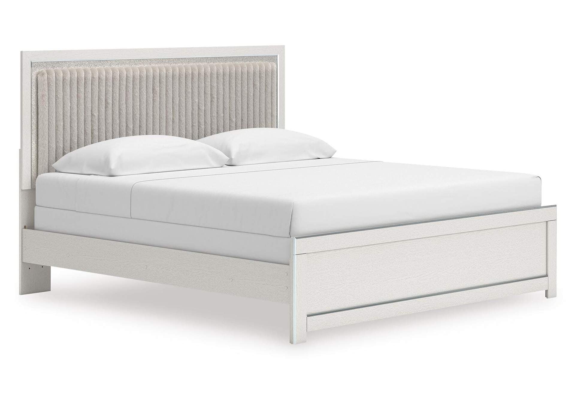 Birmonton King Upholstered Panel Bed, Dresser, Mirror and Chest angled view