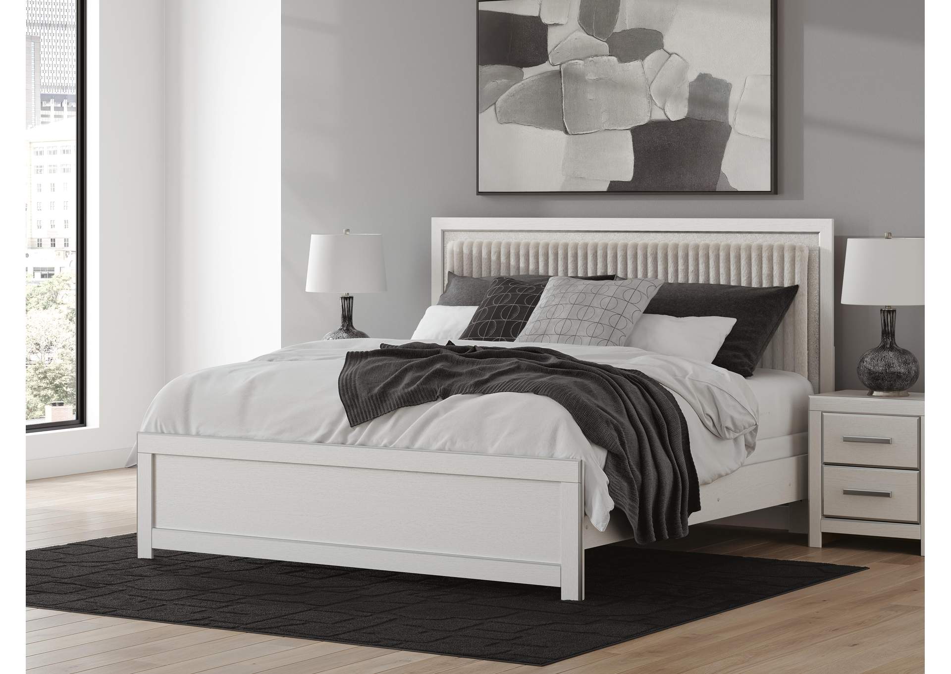 Birmonton King Upholstered Panel Bed, Dresser and Mirror