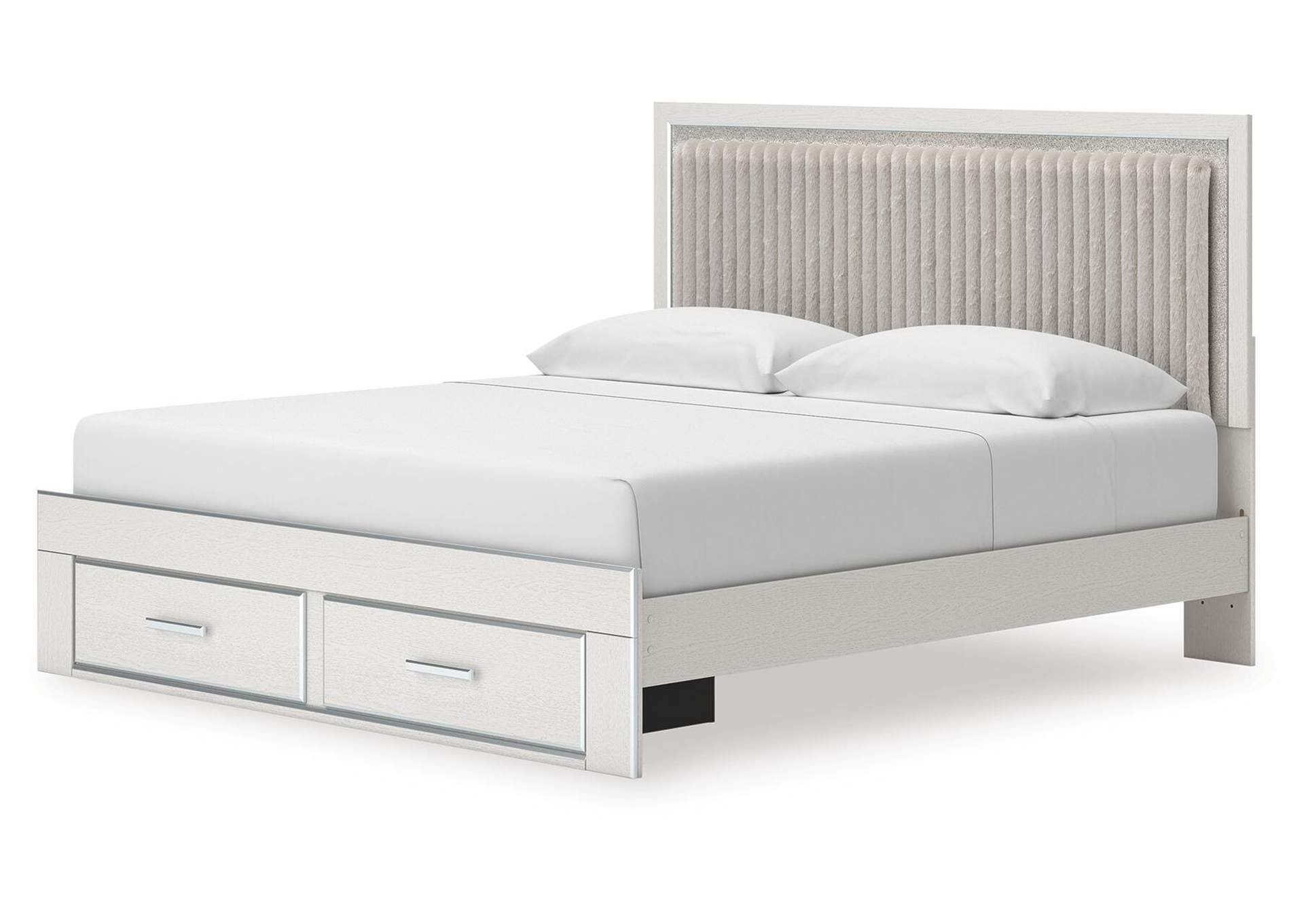Birmonton King Upholstered Panel Platform Storage Bed and Dresser angled view