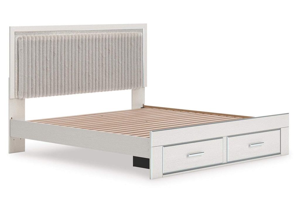 Birmonton King Upholstered Panel Platform Storage Bed, Dresser, Mirror and Chest angled view